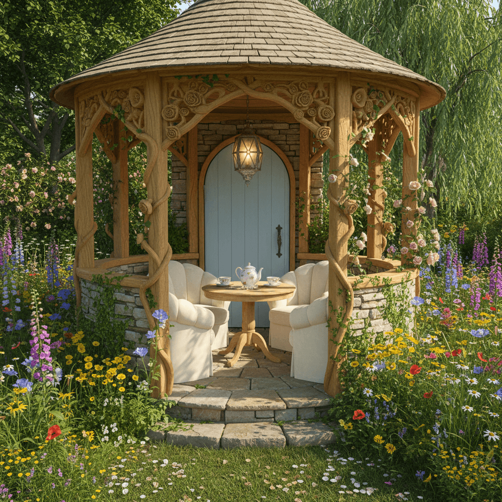 Design a charming Gazebo in Cottagecore style, nestled among lush greenery and blooming wildflowers. The structure features a soft, rounded roof with a warm, honey-colored wooden frame, adorned with intricate carvings of vines and flowers. The walls are made of natural stone, weathered to a moss-covered finish, and the door is painted a gentle, sky-blue hue. The gazebo is furnished with plush, oversized armchairs in a creamy white velvet fabric, arranged around a small, rustic wooden table with a delicate, floral-patterned tea set. A vintage, distressed metal lantern hangs from the eaves, casting a warm, golden glow over the space. The atmosphere is serene, with a soft, whispery breeze rustling the leaves and a sweet, floral scent wafting through the air. - Cottagecore Gazebo designed with AI by Interiores AI