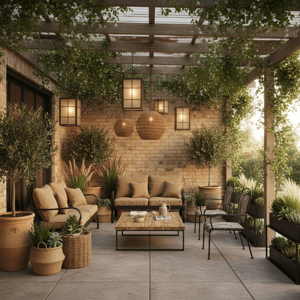 Design a veranda with a Soft Industrial aesthetic, characterized by a warm and inviting atmosphere, blending rustic and modern elements. The space features a weathered wood pergola with a metal roof, supporting a lush greenery canopy above. Reclaimed wood benches and metal garden chairs in a distressed finish are placed throughout the veranda, adorned with woven seagrass baskets and potted plants. Exposed brick walls in a warm beige tone provide a subtle contrast to the natural textures. Soft golden lighting emanates from pendant lamps made from metal lanterns and woven wicker shades, while a reclaimed wood coffee table and metal-framed planters add a touch of industrial chic. The overall atmosphere is relaxed and intimate, perfect for casual gatherings and alfresco dining. - Soft Industrial Veranda designed with AI by Interiores AI