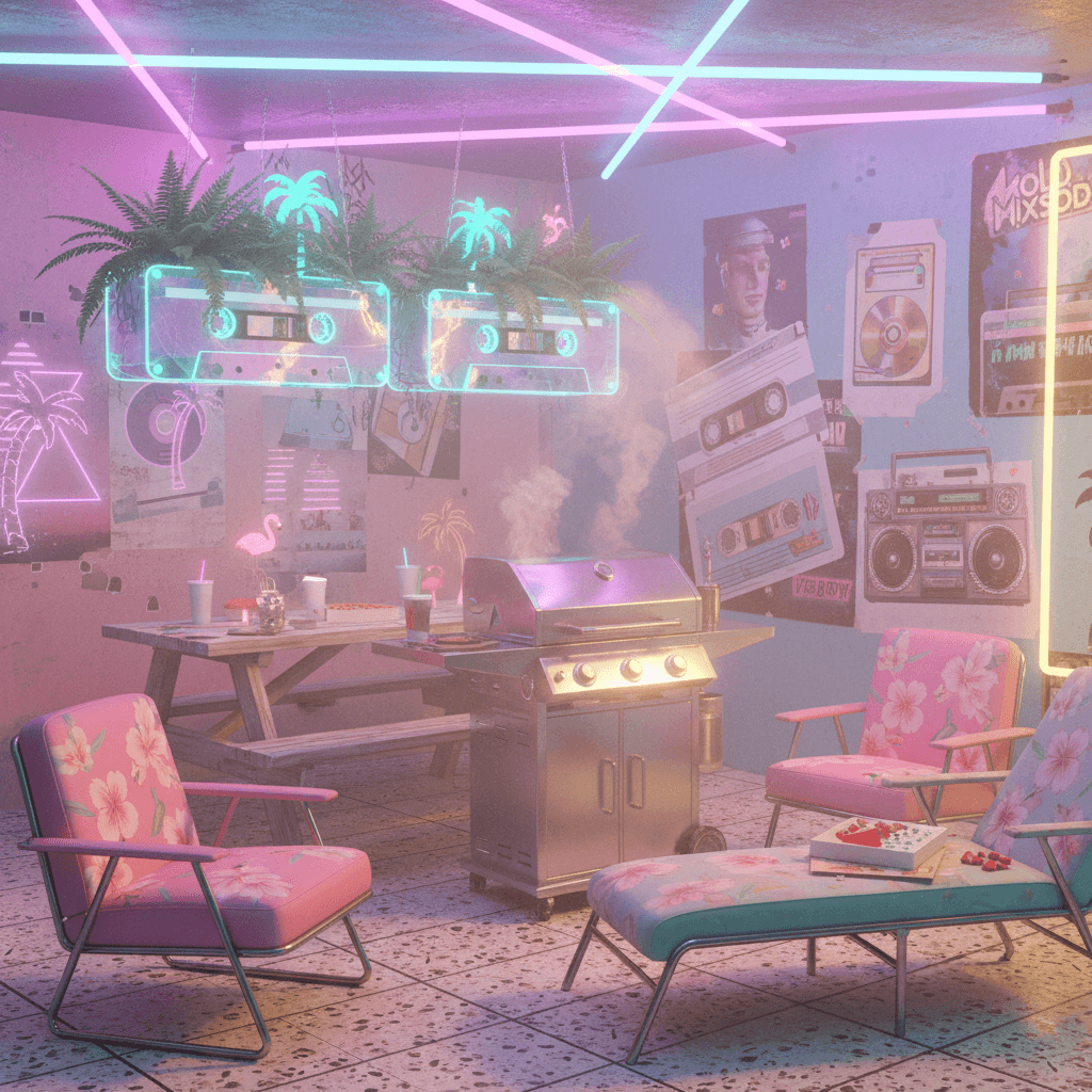 Imagine a retro-futuristic barbecue area with a Vaporwave twist, where neon lights and distressed textures blend with nostalgic 80s flair. The space is dominated by a gleaming, chrome-plated barbecue pit, surrounded by worn, vinyl pool furniture in a faded floral pattern. The walls are painted a pale, pastel pink, and adorned with distressed, retro-style posters featuring images of cassette tapes, vinyl records, and vintage electronics. A haze of warm, golden lighting hangs from the ceiling, casting an ethereal glow over the space. The air is thick with the scent of sizzling meats and the distant hum of nostalgia. A collection of vintage, cassette-tape-shaped planters sit atop a worn, wooden table, filled with lush, greenery and a few strategically-placed, glow-in-the-dark accents. The overall atmosphere is one of nostalgia-tinged futurism, where the boundaries between past and present are blissfully blurred. - Vaporwave Barbecue Area designed with AI by Interiores AI