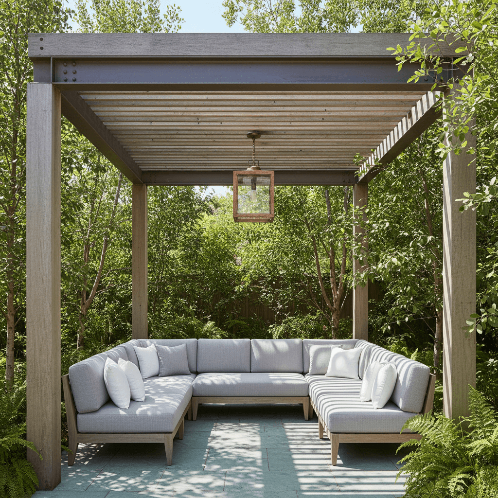 Generate a Modern Coastal-style pergola with a natural wood frame, weathered to a soft grayish-brown finish, set amidst a lush greenery of Eucalyptus and ferns. The pergola's latticework is composed of thin, horizontal slats made of reclaimed Ipe wood, allowing filtered sunlight to dance through the spaces between. A series of exposed steel beams in a matte finish add an industrial touch, supporting a minimalist metal lantern-style light fixture in a distressed copper finish. The surrounding patio is covered in a natural stone paver in a seafoam green hue, with comfortable outdoor sectional sofas in a light gray fabric, and a few well-placed throw pillows in a crisp white linen texture, all perfectly complemented by the soothing coastal colors and textures of the surrounding landscape. - Modern Coastal Pergola designed with AI by Interiores AI