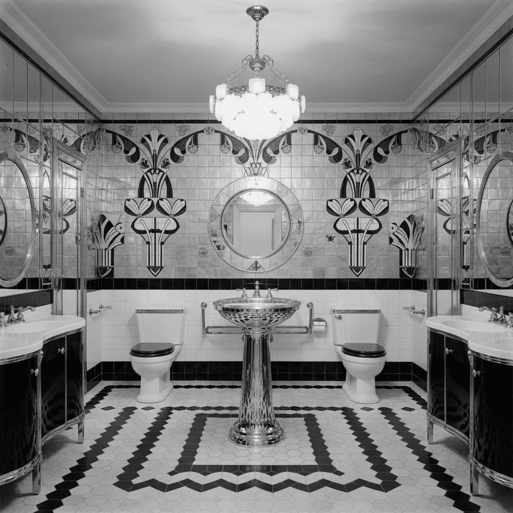 Generate a bathroom in Art Deco style, set in the 1930s, with a black and white color scheme, metallic accents, and geometric patterns. Incorporate a statement piece: a 12-foot-long, hand-painted ceramic tile mural of a stylized floral motif, set against a backdrop of pale gold and cream-colored walls. The floor features large, hexagonal tiles in a herringbone pattern, surrounded by a border of ornate, chrome-plated mirrors. A circular, chrome-plated sink and a pair of matching, Art Deco-inspired toilets sit atop a black and white checkered floor, surrounded by a few, sleek, low-profile cabinets. The space is illuminated by a show-stopping, chrome-plated chandelier, suspended from the ceiling. - Art Deco Bathroom designed with AI by Interiores AI