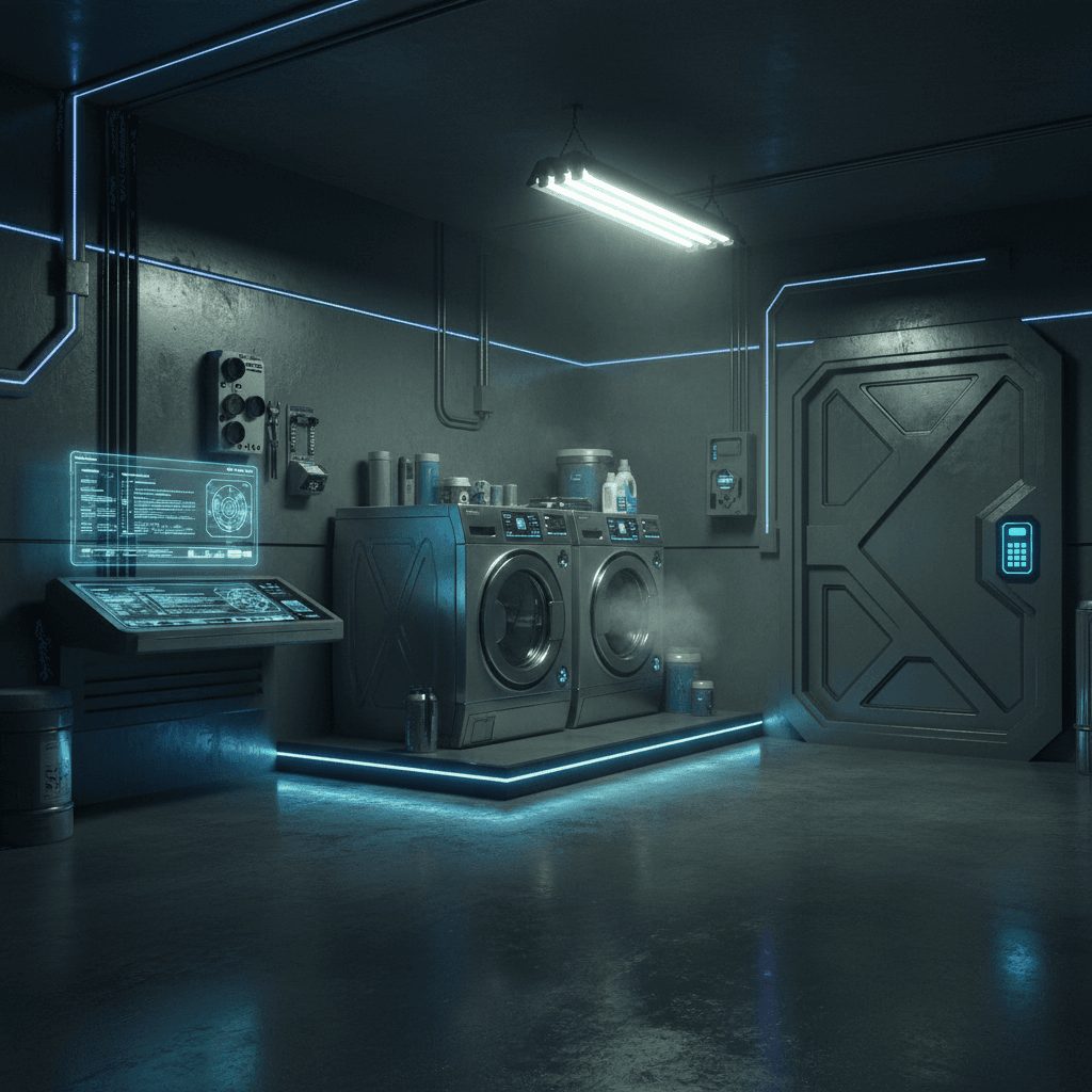 Generate a Cyberpunk-themed laundry room with a distressed, high-tech aesthetic. Walls are painted a deep, metallic gray (Color: Sherwin-Williams' "Iron Gate"), and floors are made of polished, dark-stained concrete. A sleek, neon-lit console with a holographic display dominates one wall, surrounded by various high-tech gadgets and tools. A futuristic washing machine and dryer, with metallic and glass surfaces, sit atop a raised platform, illuminated by a series of glowing blue LED strips. The room's atmosphere is tense and utilitarian, with metallic accents and sharp angles creating a sense of urgency and efficiency. A single, flickering fluorescent light overhead casts an eerie glow, and a large, metallic door with a retina scanner and keypad serves as the primary entrance. - Cyberpunk Laundry Room designed with AI by Interiores AI