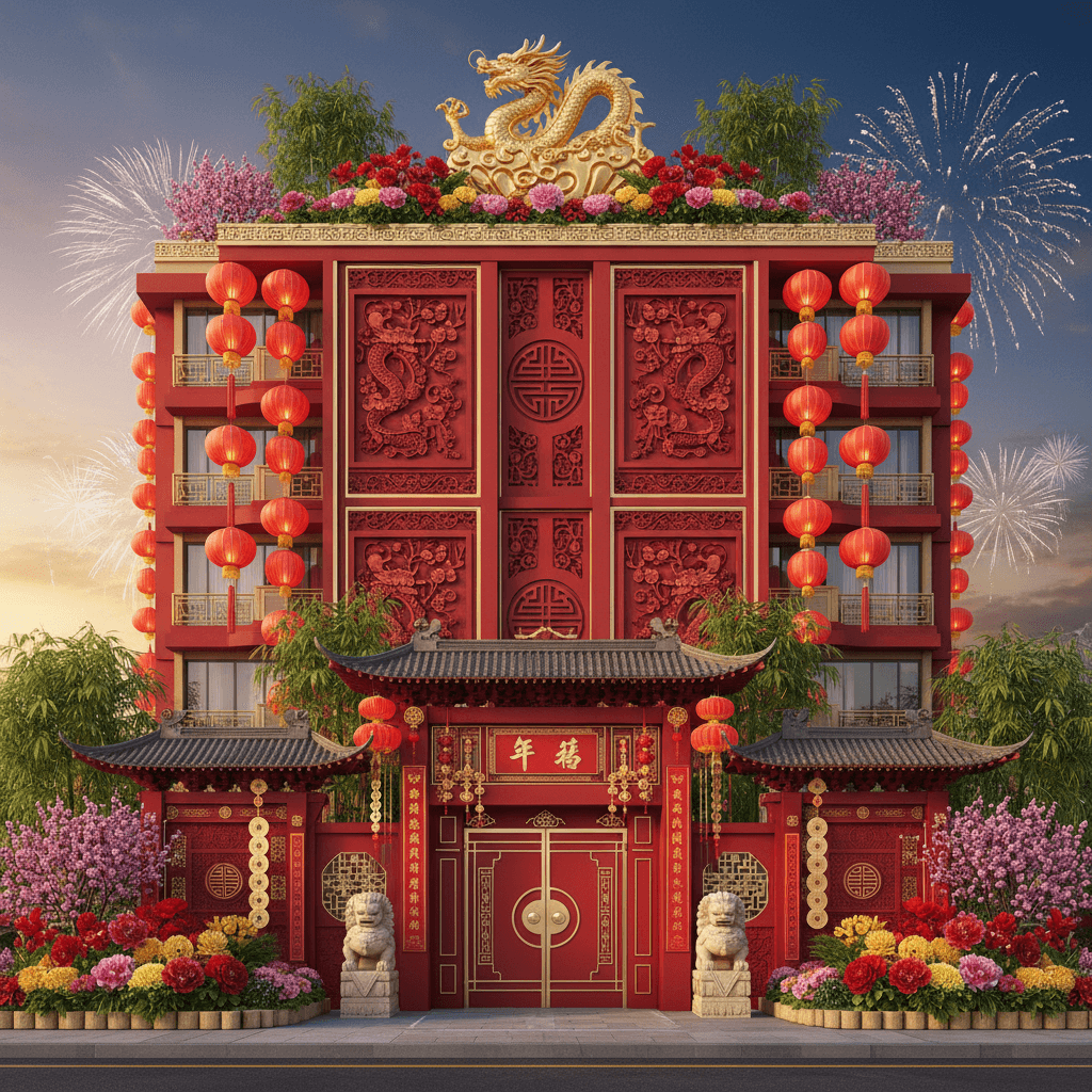 Here is a concise and creative interior design prompt for a Apartment Building Exterior in Chinese New Year style: "Design a modern apartment building exterior inspired by traditional Chinese New Year celebrations, with a predominantly red and gold color scheme. The façade features intricate carvings of auspicious symbols such as dragons and plum blossoms, while towering lanterns in shades of crimson and amber hang from the rooflines. A gleaming golden dragon sculpture sits atop the building, surrounded by lush greenery and vibrant floral arrangements. The entrance is flanked by ornate stone lions and a majestic red gate, adorned with lucky coins and colorful couplets. The overall atmosphere is one of joy, prosperity, and good fortune, evoking the festive spirit of the Chinese New Year." - Chinese New Year Apartment Building Exterior designed with AI by Interiores AI