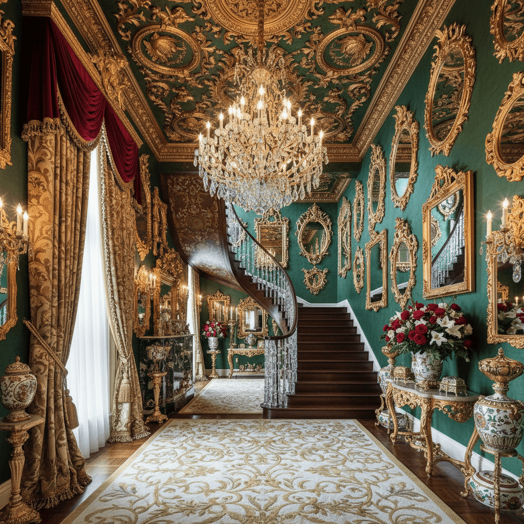 Create a dramatic Maximalist-style hallway with a rich, opulent atmosphere. The space features a soaring ceiling adorned with intricate gold leaf moldings and a stunning crystal chandelier. Walls are painted a deep, jewel-toned emerald green, complemented by ornate, gilded mirrors and velvet drapes in a rich, burgundy hue. A plush, cream-colored rug with intricate patterns adds warmth underfoot. Floor-to-ceiling curtains made from luxurious silk and adorned with metallic tassels line the windows, while a sweeping staircase in a rich, dark wood tone curves upward, supporting a delicate, crystal-encrusted balustrade. The overall effect is one of sumptuous, over-the-top luxury, with every surface adorned with lavish, ornate details that seem to whisper "indulge in opulence". - Maximalist Hallway designed with AI by Interiores AI