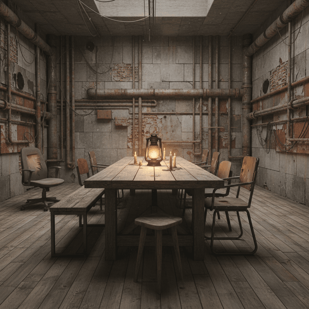 Design a post-apocalyptic dining room with a utilitarian aesthetic, where a single, flickering lantern provides the only light source. Walls are constructed from reclaimed metal pipes and concrete blocks, with a distressed finish. The floor is made of worn, wooden planks salvaged from a abandoned building. A large, wooden table dominates the space, adorned with a few, mismatched chairs. The color palette features muted tones of grays, browns, and tans, with accents of rusty red from exposed metal pipes. Flickering candles and lanterns provide warmth and ambiance, casting eerie shadows on the walls. - Post-Apocalyptic Dining Room designed with AI by Interiores AI
