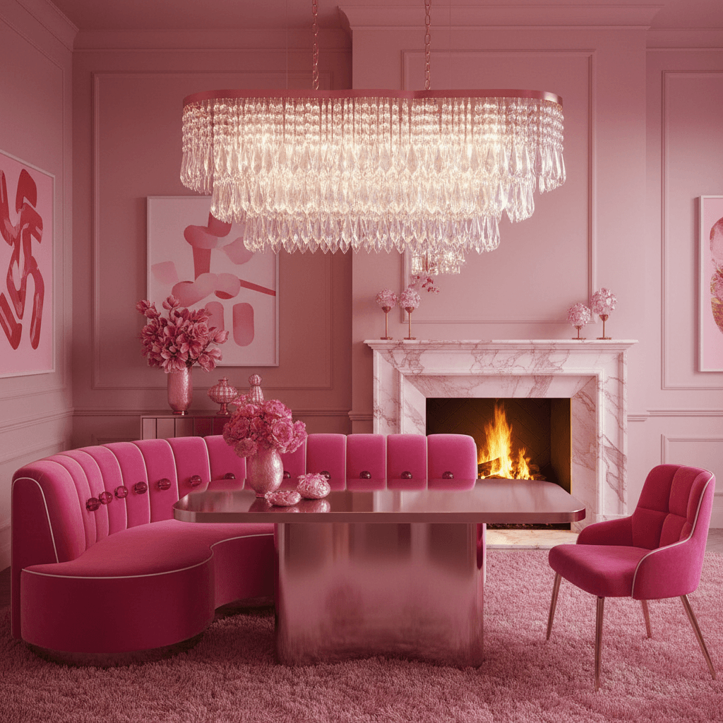 Create a dramatic hot pink dining room with a bold and playful aesthetic. The space is dominated by a show-stopping pink velvet banquette, adorned with white piping and matching hot pink glass hardware. A sleek, low-profile table in a metallic rose gold finish sits beneath a stunning chandelier featuring hundreds of clear glass crystals suspended from a frosted pink metal framework. Walls are painted a soft, blush pink hue, and the floor is covered in plush, rose-colored shag carpet. Accent chairs with hot pink tufted upholstery and metallic gold legs add a touch of glamour to the space, while a statement pink marble fireplace crackles with a warm, inviting glow. - Hot Pink Dining Room designed with AI by Interiores AI