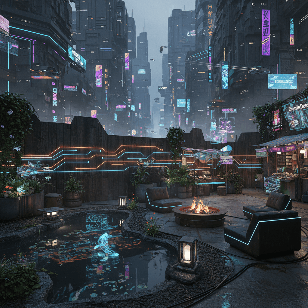 Generate an immersive Cyberpunk-themed backyard, where a sprawling metropolis converges with a futuristic oasis. Incorporate sleek, industrial materials such as metal and concrete, with accents of neon-lit accents and holographic displays. A prominent, angular wooden fence, adorned with glowing circuitry, sets the tone for the space. Amidst the urban sprawl, a tranquil pond with a holographic water feature, surrounded by low-slung, angular stone lanterns, provides a soothing respite. Lush, overgrown vegetation and vines spill over metallic planters, punctuated by holographic advertisements and makeshift market stalls. A weathered, metallic fire pit, surrounded by plush, neon-lit lounge chairs, beckons those seeking a clandestine gathering spot. - Cyberpunk Backyard designed with AI by Interiores AI