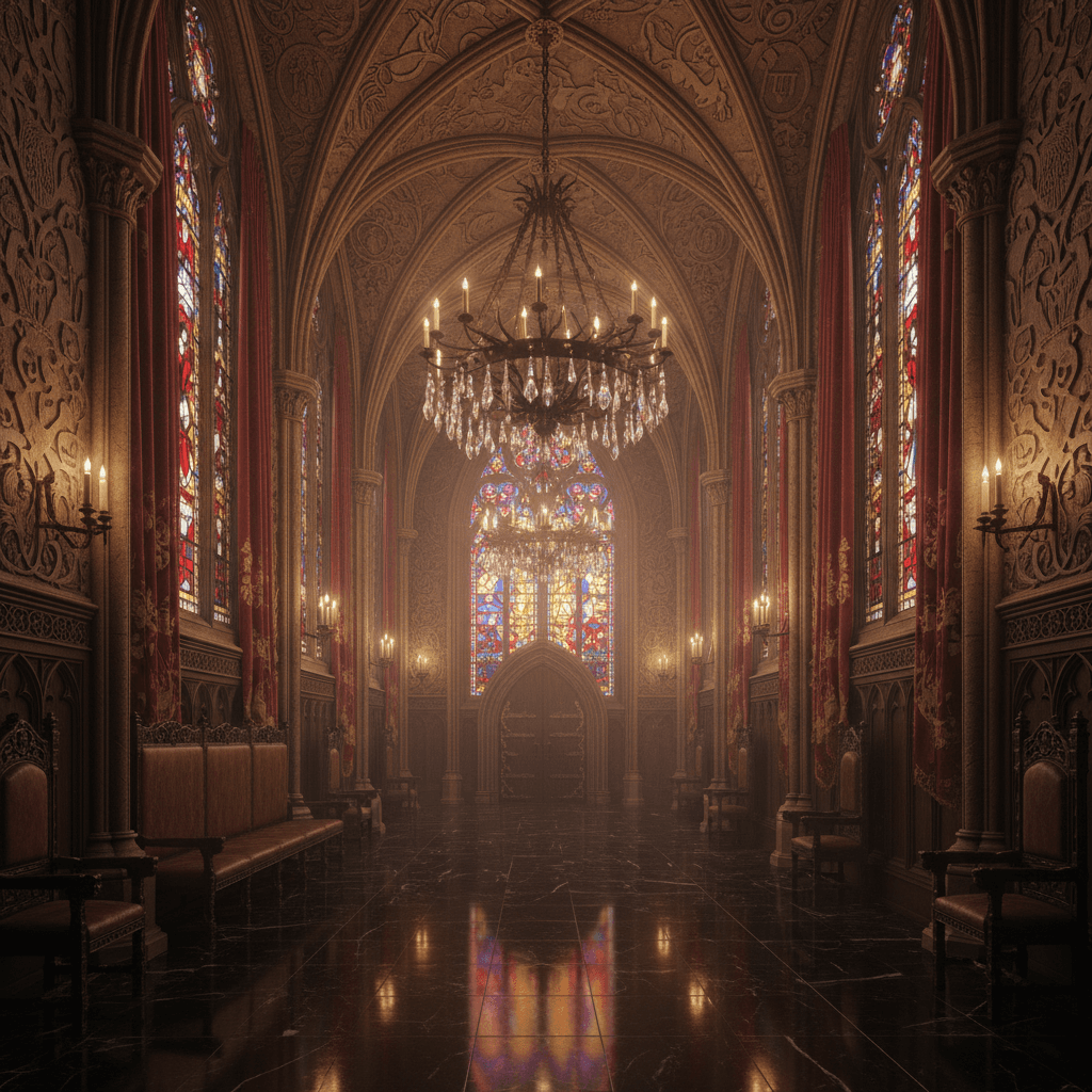 Create a grand Gothic-style hallway with intricate stone carvings, soaring ceilings, and richly textured furnishings. The walls are adorned with dark, ornate wood paneling, while the floors are made of polished black marble. A stunning stained glass window above the entrance filters in kaleidoscope hues of crimson, indigo, and gold. The air is thick with the scent of old books and sandalwood, and the flickering candles cast eerie shadows on the walls. A dramatic chandelier made of twisted iron and crystal hangs from the ceiling, casting a warm, golden glow. Plush, velvet drapes in deep, blood-red hues frame the windows, and a comfortable, leather-upholstered banquette runs along one wall, lined with intricately carved, Gothic-style chairs. The overall atmosphere is one of mysterious, centuries-old grandeur. - Gothic Hallway designed with AI by Interiores AI