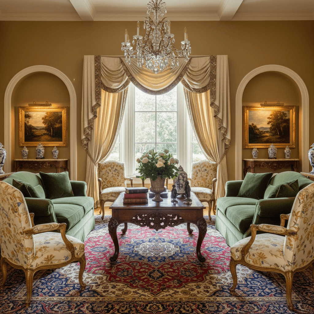 A beautiful Front Yard designed in Traditional style. Transform this room into a refined traditional interior while keeping the layout and architectural elements. Use classic furniture with carved details, rich woods, tailored drapery, and patterned rugs. Add framed art, sconces, and coordinated upholstery for a timeless feel. The space features carefully selected furniture, harmonious colors, natural lighting, and thoughtfully placed decorative elements that create a welcoming and aesthetically pleasing atmosphere. - Traditional Front Yard designed with AI by Interiores AI