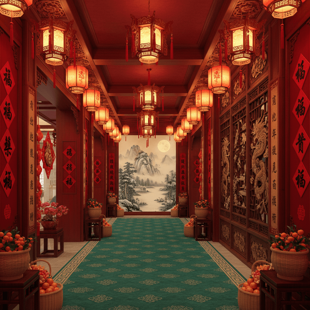 Design a traditional Chinese New Year-inspired hallway with intricate details, vibrant colors, and auspicious elements. The space features a soaring 10-foot ceiling with a soft, golden glow emanating from ornate pendant lights shaped like traditional Chinese lanterns. Walls are painted a deep crimson red, adorned with intricate golden calligraphy and paper cutouts of auspicious characters, such as "福" (good fortune) and " prosperity". A plush, emerald-green carpet adds warmth underfoot, while a stunning wooden screen with intricate carvings of dragons and phoenixes dominates one wall. The room is filled with an abundance of festive decorations, including intricately crafted wooden couplets, woven baskets, and rows of colorful lanterns in varying sizes, suspended from the ceiling or placed along the walls. A delicate, hand-painted mural of a serene winter landscape adorns the far wall, complete with towering evergreens, misty mountains, and a bright full moon. - Chinese New Year Hallway designed with AI by Interiores AI