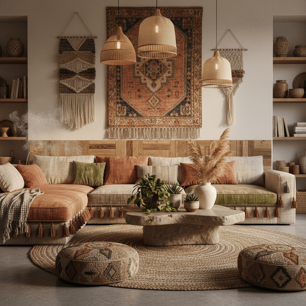 Design a cozy Main Living Room in a Natural Boho Chic style, featuring a plush Moroccan-inspired sectional sofa in earthy tones, upholstered in a natural linen fabric with intricate tassels. The walls are adorned with a mix of earthy-toned textiles, including a vintage Moroccan rug, a natural fiber wall hanging, and a reclaimed wood headboard. Soft golden lighting emanates from pendant lamps made from woven rattan and natural linen shades, casting a warm glow on the space. A natural stone coffee table, topped with a lush greenery arrangement, adds a touch of organic elegance. Earthy scents of sandalwood and cedar waft through the air, creating a serene and inviting atmosphere. - Natural Boho Chic Main Living Room designed with AI by Interiores AI