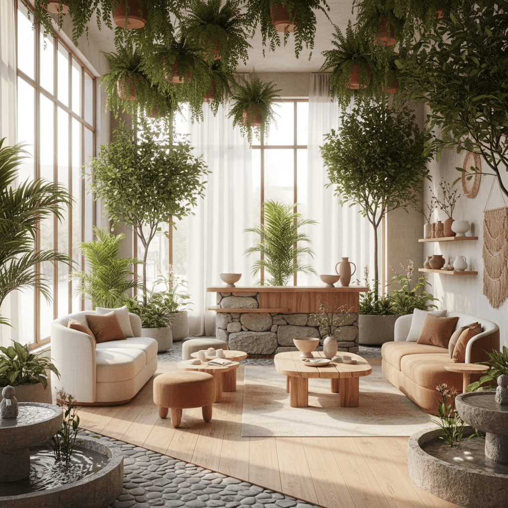 A beautiful Storefront designed in Biophilic style. Turn this room into a biophilic interior while keeping walls and layout. Maximize natural light, add abundant greenery, natural woods, stone, and organic textiles. Use soft earthy colors and airflow-friendly layouts to enhance a nature-connected feel. The space features carefully selected furniture, harmonious colors, natural lighting, and thoughtfully placed decorative elements that create a welcoming and aesthetically pleasing atmosphere. - Biophilic Storefront designed with AI by Interiores AI