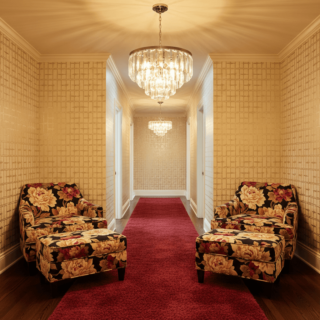 Generate a Vintage Modern-style hallway featuring a long, narrow corridor with a warm and inviting atmosphere. The walls are painted a soft, creamy yellow (Benjamin Moore's "Sunny Yellow") and adorned with a metallic gold accents, such as a geometric-patterned wallpaper with a subtle sheen. The floor is made of dark hardwood, polished to a rich sheen, and complemented by a plush area rug in a deep, rich red (Sheridan's "Cranberry"). A striking chandelier, made from a combination of chrome and glass, hangs from the ceiling, casting a warm glow over the space. Two comfortable, oversized armchairs are positioned at either end of the hallway, upholstered in a bold, vintage-inspired floral pattern on a rich, velvety fabric, with matching ottomans. The overall effect is one of elegant, sophisticated glamour, evoking the glamour of the 1950s and 1960s. - Modern Vintage Hallway designed with AI by Interiores AI