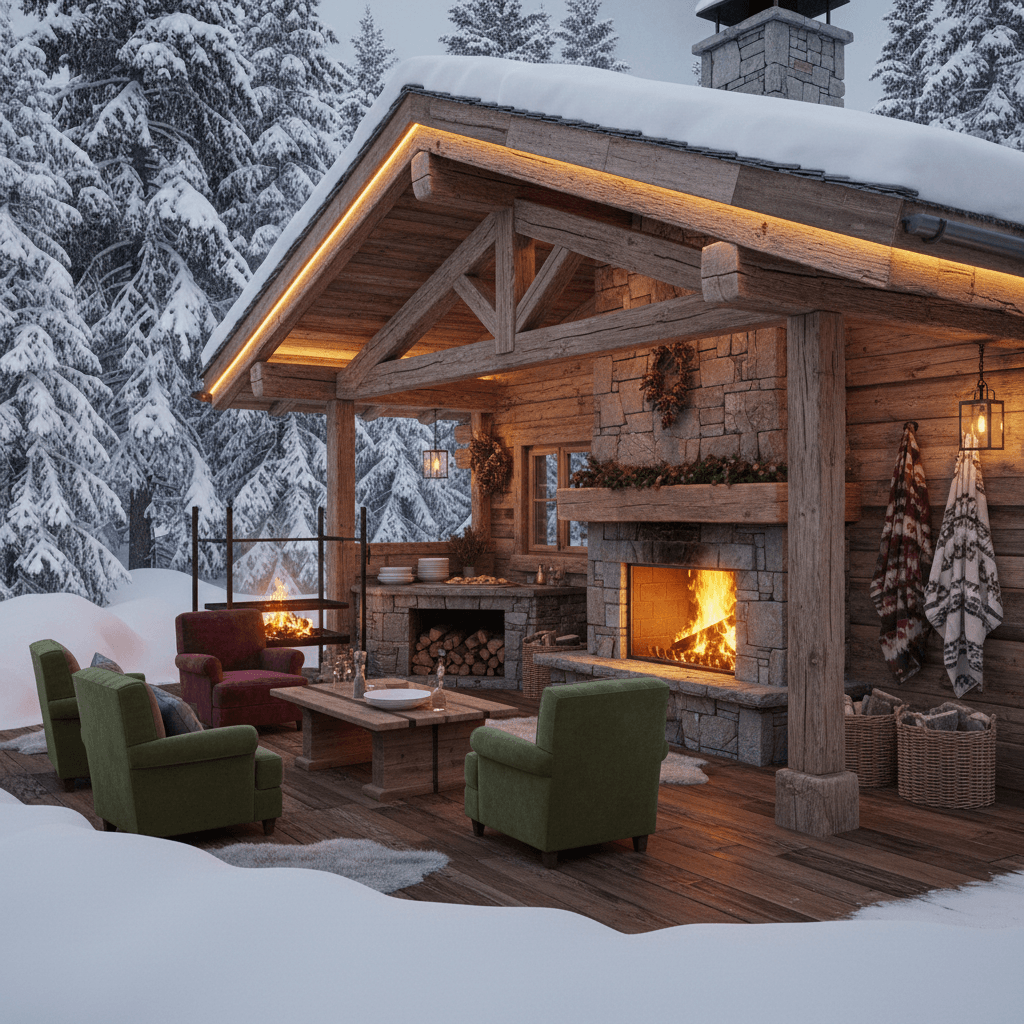 Generate a cozy Grill Area in a Snow Chalet style, with a rustic wooden exterior, surrounded by towering evergreen trees and a snow-covered landscape. The interior features a large stone fireplace, adorned with wooden beams and a wooden mantel, with a roaring fire burning on a chilly winter evening. The space is illuminated by warm golden lighting, and the walls are adorned with natural textiles, such as wool blankets and pinecones. The floor is made of dark hardwood, and the seating area includes plush velvet armchairs and a wooden coffee table. A rustic wooden grill sits atop a stone hearth, surrounded by a selection of snow-white ceramics and woven baskets. - Snow Chalet Grill designed with AI by Interiores AI
