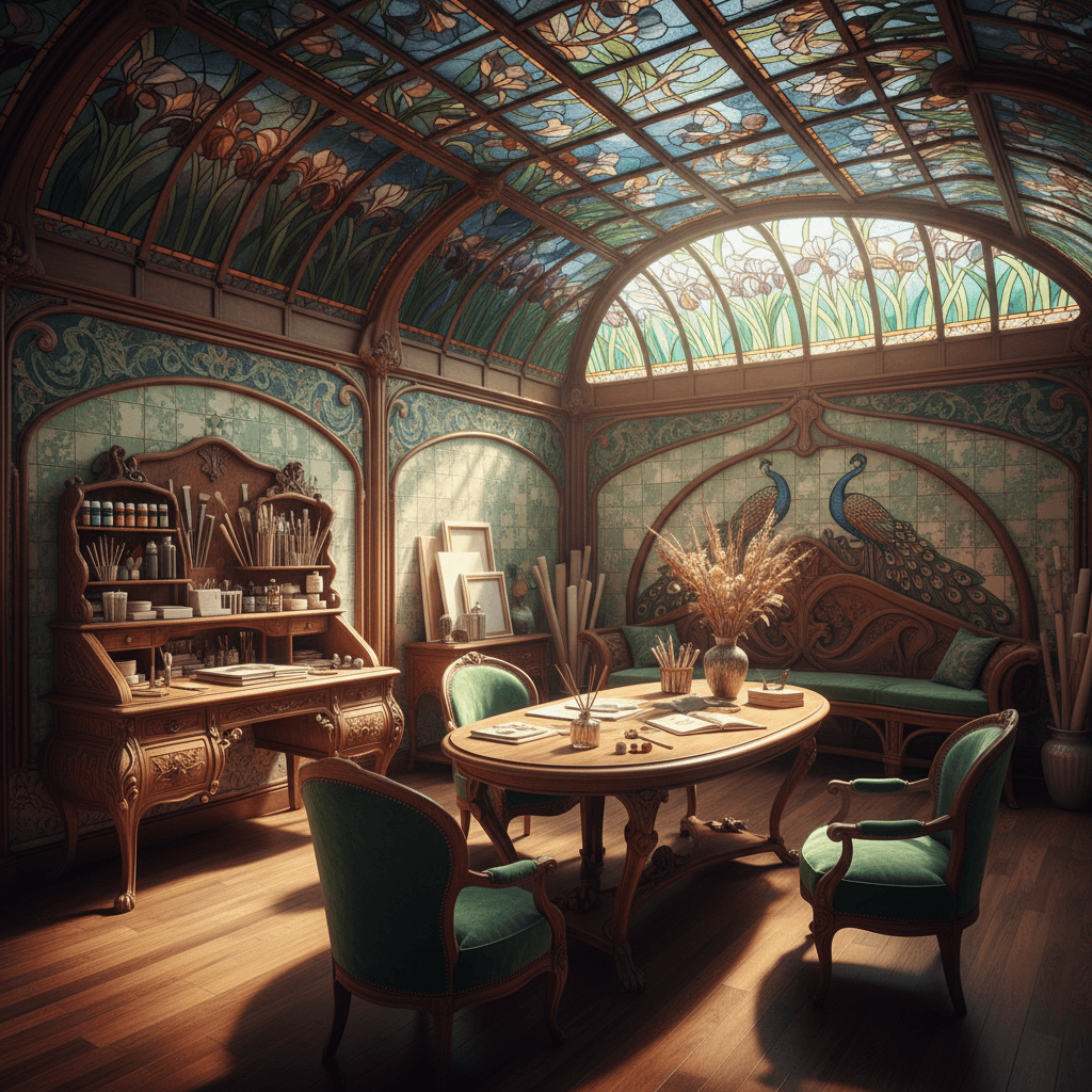 Design a vibrant Creative Workshop in the Art Nouveau style, featuring a combination of curved lines, organic shapes, and rich materials. The space is filled with natural light pouring in through a skylight above a wooden bench, illuminating a worktable surrounded by plush, emerald-green velvet armchairs. The walls are adorned with intricate, hand-painted tiles in shades of turquoise, gold, and cream, complemented by a stunning stained-glass ceiling. The floor is made of dark hardwood, polished to a high sheen, and features a beautiful, hand-carved wooden desk with ornate metal legs. The atmosphere is warm and inviting, with the scent of sandalwood and essential oils wafting through the air. The space is filled with an assortment of art supplies, including paints, brushes, canvases, and sculpture tools, all arranged in a visually appealing and creative way. - Art Nouveau Creative Workshop designed with AI by Interiores AI