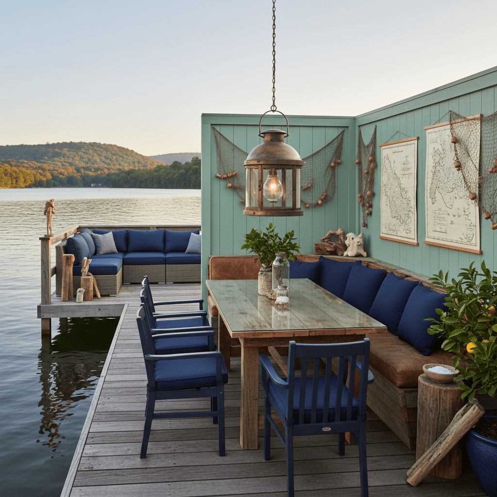 Design a nautical-themed outdoor dining area on a small, rustic dock overlooking a serene lake. The space features weathered driftwood accents, worn leather banquettes, and a reclaimed wood dining table with a glass top. The walls are painted a soft, seafoam green (such as Sherwin-Williams' "Sea Salt") and adorned with vintage nautical charts and fishing nets. A distressed bronze lantern hangs above the table, casting a warm, golden glow. Comfortable, cushioned Adirondack chairs in navy blue upholstery are arranged around the space, while a plush, navy blue sectional sofa is positioned against a wooden railing. The atmosphere is relaxed and inviting, with a subtle scent of saltwater and citrus. - Nautical Outdoor Dining Area designed with AI by Interiores AI
