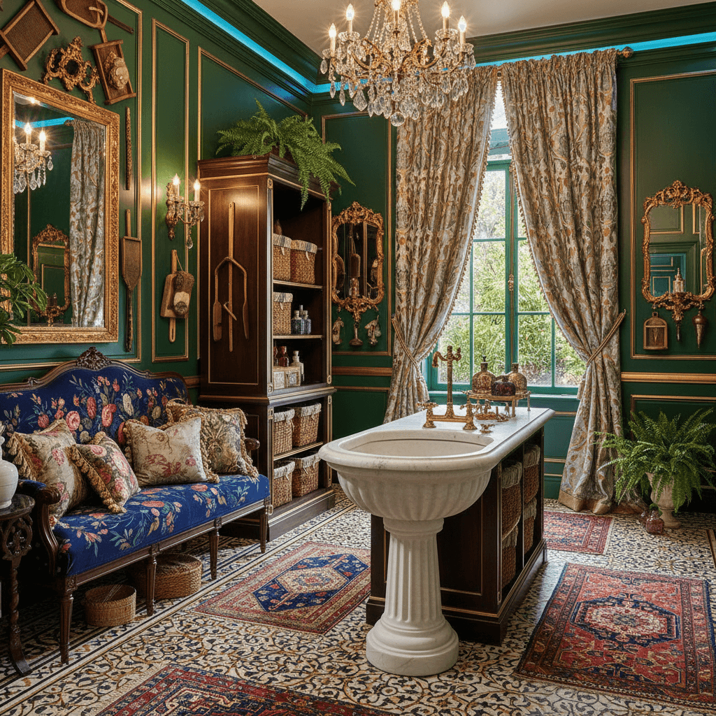 Design a laundry room that embodies the opulent and extravagant spirit of Maximalist style, with a focus on rich textures, bold patterns, and statement pieces. The space should feature a spacious floor plan, with a large, ornate sink and a pedestal-mounted, antique-inspired laundry sorter. Walls should be painted a deep, jewel-toned emerald green, complemented by rich, dark wood accents and metallic gold trim. A plush, velvet-covered bench seats against one wall, adorned with intricate, hand-painted florals. The room's focal point should be a dramatic, floor-to-ceiling window treatment, featuring layered, metallic drapery with a subtle, geometric pattern. The space should be illuminated by a combination of warm, golden lighting and crisp, icy accents, creating a sense of drama and luxury. - Maximalist Laundry Room designed with AI by Interiores AI