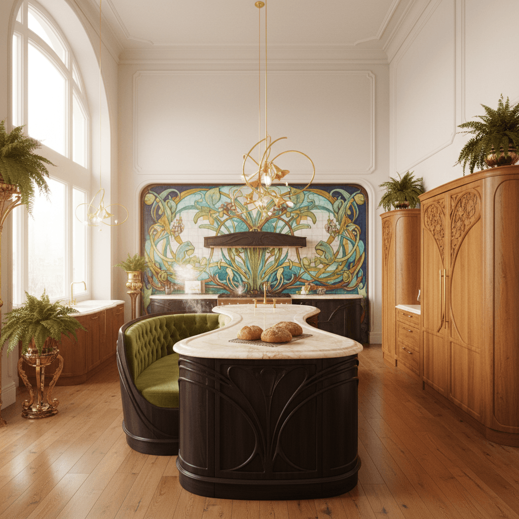 Design an open integrated kitchen in the Art Nouveau style, characterized by sinuous curves and organic forms. The kitchen is situated in a sprawling, two-story home with high ceilings and large windows. Walls are painted a soft, creamy white (Benjamin Moore's Simply White), while floors are made of warm, honey-colored hardwood (Oak). A stunning, hand-painted tile backsplash in shades of turquoise and gold ( tiles resembling nature's motifs, such as leaves and flowers) wraps around the kitchen, creating a focal point. Gilded metal lighting fixtures, adorned with flowing, organic designs, add a touch of luxury. A long, curved island in a rich, dark wood tone (Espresso) serves as a central gathering space, while a built-in banquette with tufted, sage-green upholstery and curved wooden accents provides additional seating. The atmosphere is one of effortless elegance, with plenty of natural light pouring in through the windows and the subtle scent of freshly baked bread wafting through - Art Nouveau Integrated Kitchen designed with AI by Interiores AI