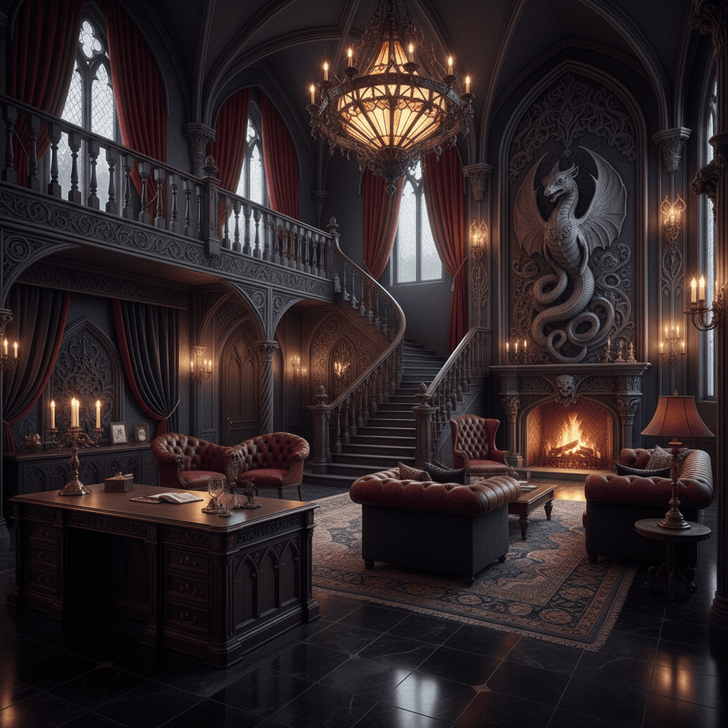 Design a medical office with a Gothic flair, featuring dark, rich colors and ornate furnishings. The space should feel mysterious and luxurious, with intricate stone carvings and heavy velvet drapes. Walls are painted a deep, mysterious purple, while floors are made of polished black marble. A grand, sweeping staircase leads to a balcony overlooking the main room, where a dramatic chandelier made of twisted iron and stained glass hangs from the ceiling. Leather-bound armchairs and velvet sofas in deep reds and blacks are arranged around a roaring fireplace, while a massive, wooden Gothic-style desk dominates one wall, behind which a wooden, carved stone statue of a mythical creature sits. - Gothic Medical Office designed with AI by Interiores AI