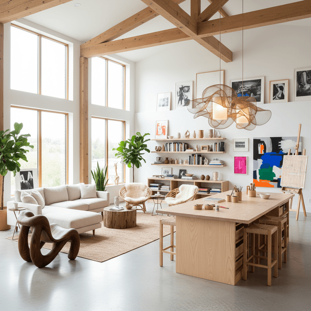 Generate an interior design for a modern art studio in a bright Scandinavian style, with a predominantly white and light wood color scheme, warm beige tones, and pops of vibrant color. Incorporate natural textures such as woven rattan and reclaimed wood, and incorporate large windows to bring in an abundance of natural light. The space should feature a sleek, minimalist aesthetic with clean lines, minimal ornamentation, and an emphasis on functionality. Incorporate a mix of oversized and intimate seating areas, including a statement piece of sculptural furniture in a rich wood tone. The walls should be adorned with an eclectic mix of artwork, prints, and abstract paintings in bold, contrasting colors. A striking light fixture made from woven metal and glass should hang above the central workspace, casting a warm, diffused glow. The floor should be made of polished concrete, and the overall atmosphere should be one of creative energy and inspiration. - Bright Scandinavian Art Studio designed with AI by Interiores AI