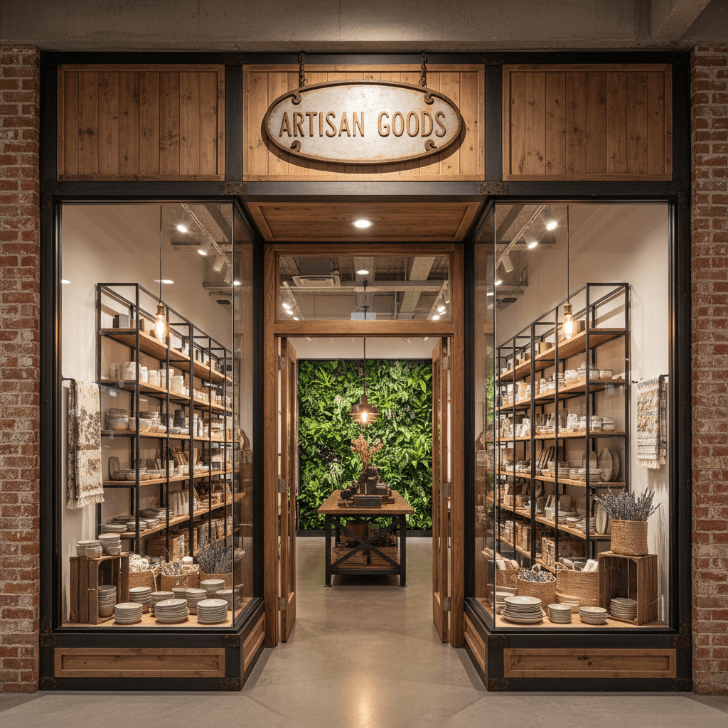 Design a storefront with an open, airy feel in a Soft Industrial style. The 20-foot wide space features a combination of reclaimed wood and metal accents, with a warm beige and gray color palette. Exposed brick walls and metal beams create a textured backdrop, while large windows allow natural light to pour in. The entrance is marked by a reclaimed wood door with metal hinges and a vintage-style sign above, reading "Artisan Goods" in distressed letters. Metal shelving units and wooden crates display an assortment of handmade ceramics and textiles, creating a visually interesting and eclectic mix of products. Soft overhead lighting and pendant lamps above the counters add warmth and depth to the space, while a living green wall behind the store brings in a touch of natural beauty. The overall atmosphere is cozy, welcoming, and evocative of a small, independent shop. - Soft Industrial Storefront designed with AI by Interiores AI