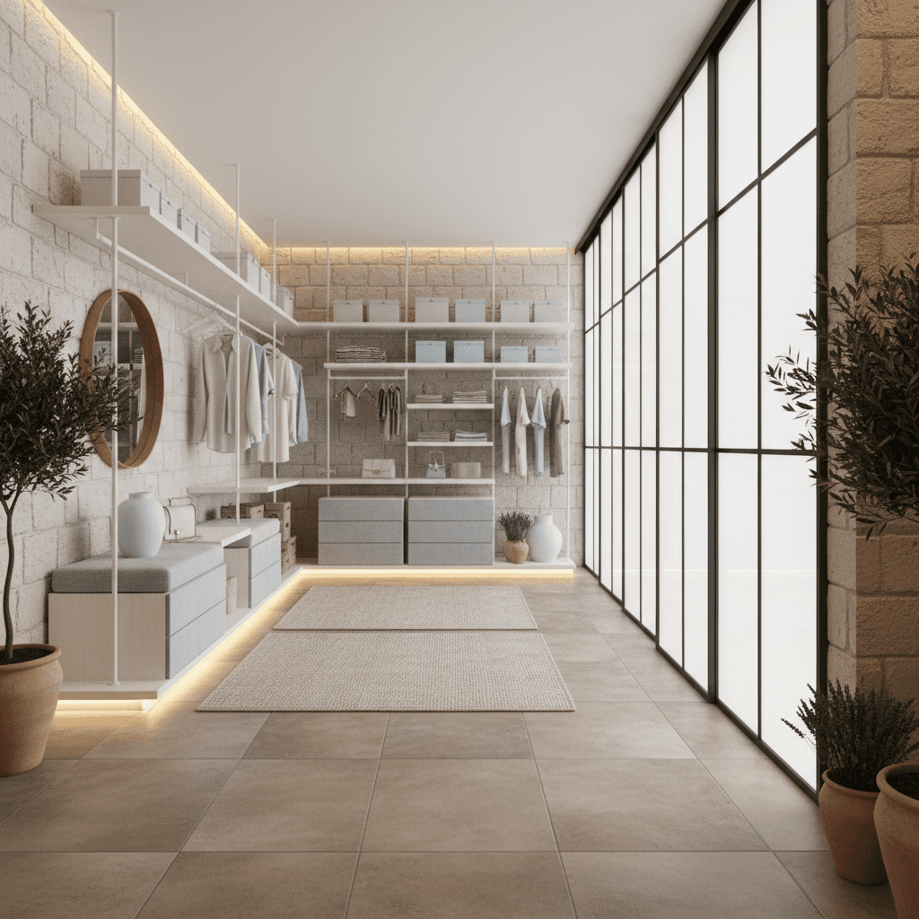 Design a spacious, modern walk-in closet in the Contemporary Mediterranean style, with a soothing color palette featuring soft whites, creams, and pale blues, reminiscent of a clear Mediterranean sky. Exposed brick or limestone walls provide a rustic, natural backdrop. Warm beige and gray tones are used for flooring, with plush, neutral-colored area rugs adding texture. Floor-to-ceiling, sliding glass doors in a frosted glass finish frame the space, allowing natural light to flood in. A sleek, low-profile shelving system in matte white metal is paired with ample, cushioned storage units in a light gray fabric, creating a sense of airy elegance. Soft, warm LED lighting casts a gentle glow, highlighting the space's minimalist beauty. - Contemporary Mediterranean Walk-in Closet designed with AI by Interiores AI