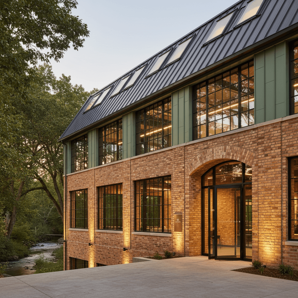 Generate a striking Commercial Building Exterior in a Soft Industrial style, featuring exposed brick walls with a warm, honey-colored glaze, contrasted with a soft, mossy green metal cladding on the façade. The building's roof is a mix of translucent polycarbonate panels and dark metal corrugations, allowing natural light to filter through while maintaining a rugged, industrial aesthetic. Floor-to-ceiling windows with slim aluminum frames provide an unobstructed view of the surrounding landscape, while a subtle LED lighting system embedded in the brickwork creates a warm glow after sunset. The overall atmosphere is one of understated elegance and industrial sophistication, perfect for a modern office or co-working space. - Soft Industrial Commercial Building Exterior designed with AI by Interiores AI