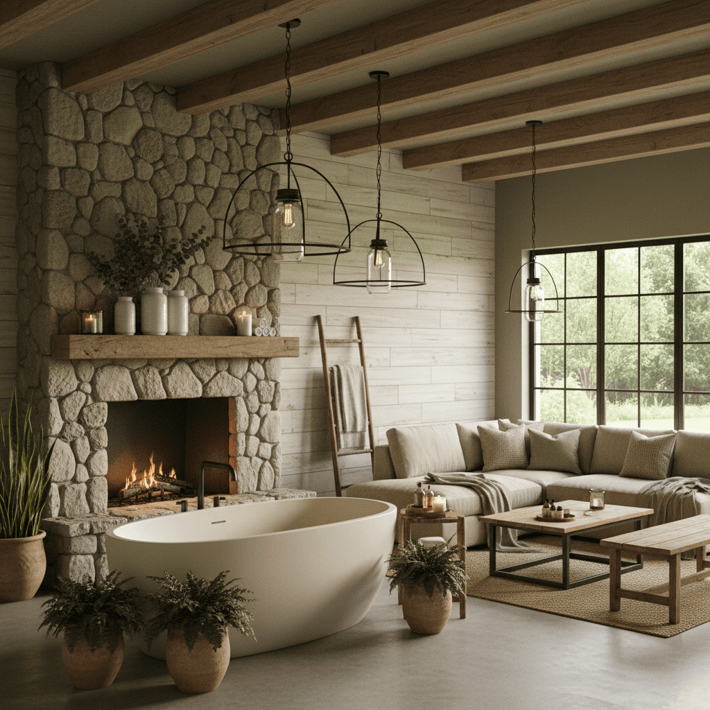 Create a serene spa room with a modern farmhouse twist, featuring a calming color palette and natural textures. Incorporate reclaimed wood accents, distressed metal fixtures, and a statement stone fireplace. Soft, warm lighting emanates from pendant lamps made from mason jars and metal shades, while plush throw blankets in oatmeal and sage hues adorn a comfortable sectional sofa. A reclaimed wood bench with a natural linen cushion provides a cozy spot to relax. The space is dominated by a spa-inspired freestanding tub, surrounded by potted greenery and a floor-to-ceiling stone wall, creating a tranquil oasis amidst the rustic charm of the modern farmhouse style. - Modern Farmhouse Spa / Sauna designed with AI by Interiores AI