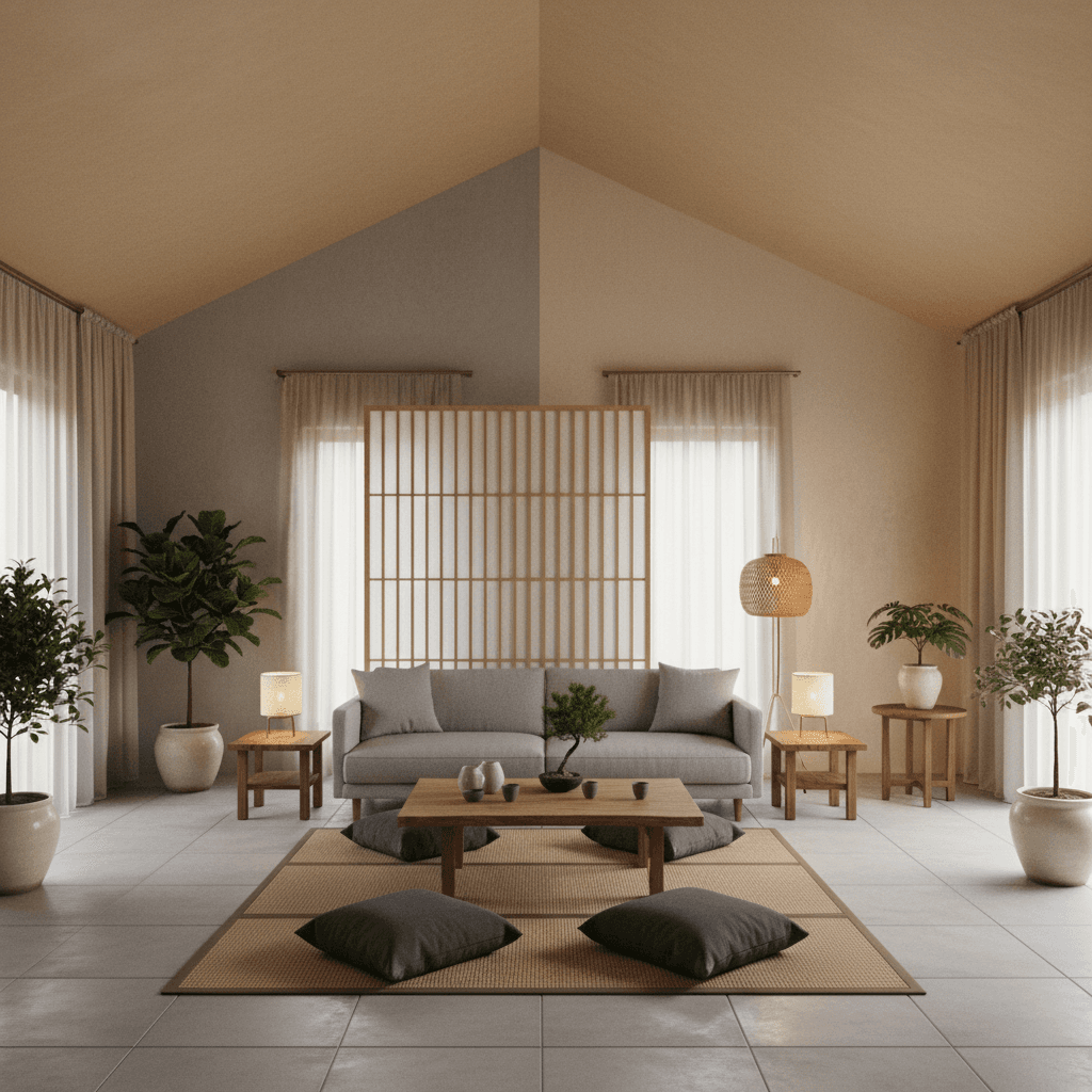 Generate an interior image of a serene Living Room in Natural Japandi style, with a 14-foot ceiling, featuring a combination of warm beige and soft gray tones on the walls and floors. The space is illuminated by a mix of table lamps with paper shades and a floor lamp with a woven rattan shade, casting a warm, gentle glow. The furniture includes a low-slung, minimalist sofa in a light gray fabric, a wooden coffee table made from reclaimed Japanese cedar, and a rectangular low-seating tatami area in a natural sisal rug. A minimalist wooden screen, approximately 6 feet tall, stands against one wall, separating the seating area from a small, adjacent nook with a floor lamp and a wooden side table. The space is dotted with potted plants in simple, ceramic pots, adding a touch of organic elegance. - Natural Japandi Living Room designed with AI by Interiores AI