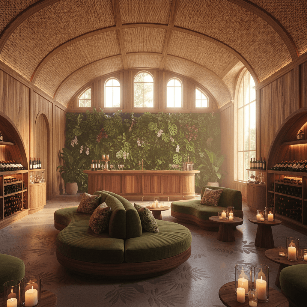 Imagine a wine cellar with a natural tropical twist, where the warmth of the surroundings is balanced by the richness of the wine. The space is dominated by a high ceiling, adorned with woven rattan shades that filter the soft, golden light pouring in through the large windows. The walls are clad in reclaimed teak, adding warmth and texture, while the floor is made of polished concrete, infused with a subtle tropical pattern. The furniture features curved, organic lines, reminiscent of a lush jungle, with a plush, oversized sofa in a deep, mossy green. Rich wood accents, such as a reclaimed mahogany wine bar, complement the space, while a statement piece, a living wall of lush greenery, adds a touch of natural elegance. The air is filled with the scent of exotic spices and the soft, warm glow of candles, creating an intimate and inviting atmosphere perfect for sipping fine wines on a warm evening. - Natural Tropical Wine Cellar designed with AI by Interiores AI