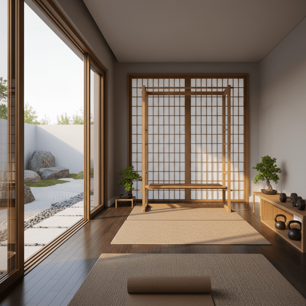 Create a serene and focused home gym inspired by the tranquil atmosphere of a traditional Japanese Zen garden, with natural materials and calming colors. The space features a soothing floor made of dark hardwood, accented with woven jute rugs in a soft beige tone. Walls are painted a calming light gray, and floor-to-ceiling sliding glass doors lead to a serene outdoor patio, blurring the lines between indoors and outdoors. A minimalist wooden exercise station is paired with a floor-to-ceiling Japanese-style shoji screen, filtered with soft white fabric, to create a sense of enclosure and visual separation from the rest of the house. Soft, natural light pours in through the sliding doors, illuminating the space with a warm, peaceful glow. - Zen Home Gym designed with AI by Interiores AI