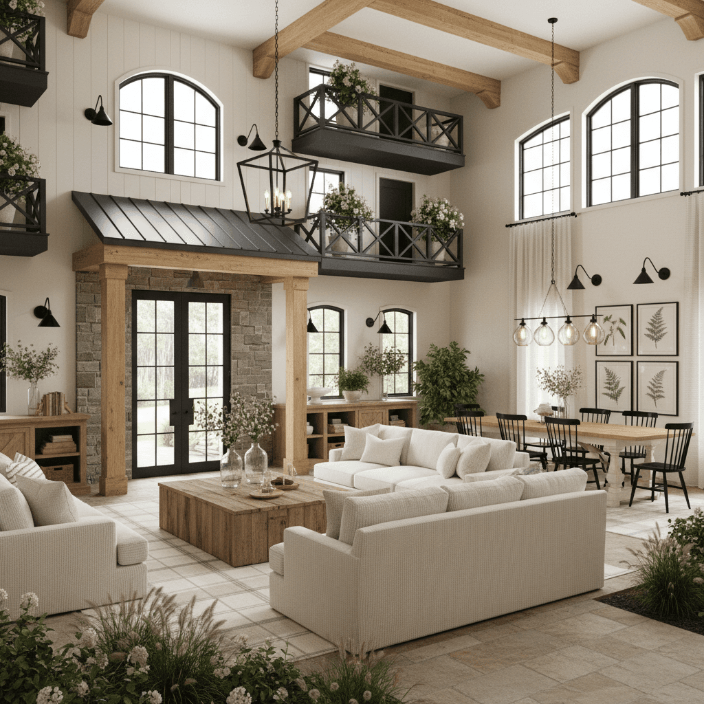 A beautiful Apartment Building Exterior designed in Modern Farmhouse style. Transform this interior space into modern farmhouse style while maintaining the original room structure, walls, windows, and architectural elements. Use a palette of cream, warm gray and soft black. Highlight wood grain, black hardware and cotton textiles with fine stripes or checks. Choose a sideboard style TV unit, a sturdy coffee table and controlled open shelving. Add botanical prints and glass vases. Use warm lighting with wall lights and a simple central pendant. The space features carefully selected furniture, harmonious colors, natural lighting, and thoughtfully placed decorative elements that create a welcoming and aesthetically pleasing atmosphere. - Modern Farmhouse Apartment Building Exterior designed with AI by Interiores AI