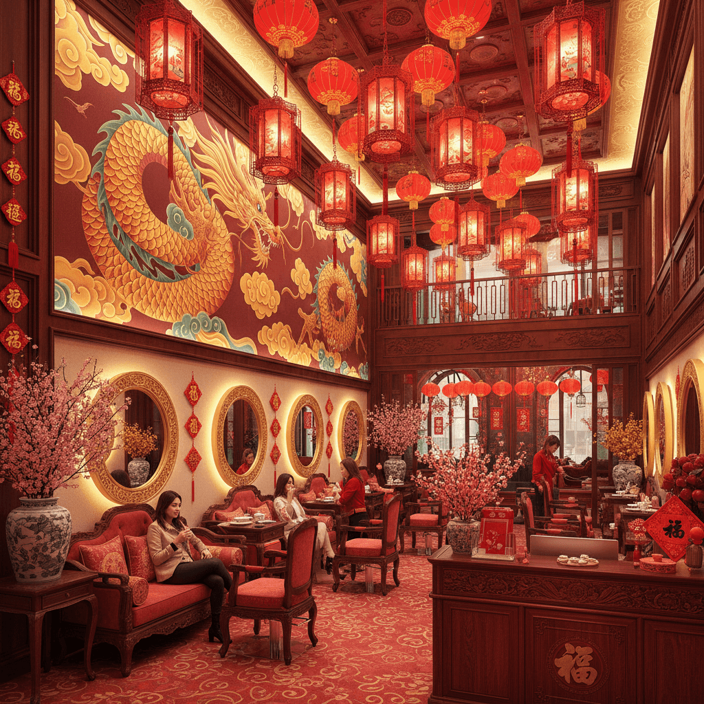 Generate a vibrant and festive interior design for a Hair Salon in Chinese New Year style, incorporating traditional motifs and colors. The space features a predominantly red and gold color scheme, with golden accents and ornate wooden furniture. A majestic dragon mural dominates one wall, while intricately designed lanterns hang from the ceiling. Plush red velvet banquettes and golden-framed mirrors add warmth and luxury, evoking the opulence of the Lunar New Year. Soft, warm lighting creates a cozy atmosphere, perfect for relaxation and pampering, as clients await their turn for a rejuvenating haircut and styling. - Chinese New Year Hair Salon / Barbershop designed with AI by Interiores AI