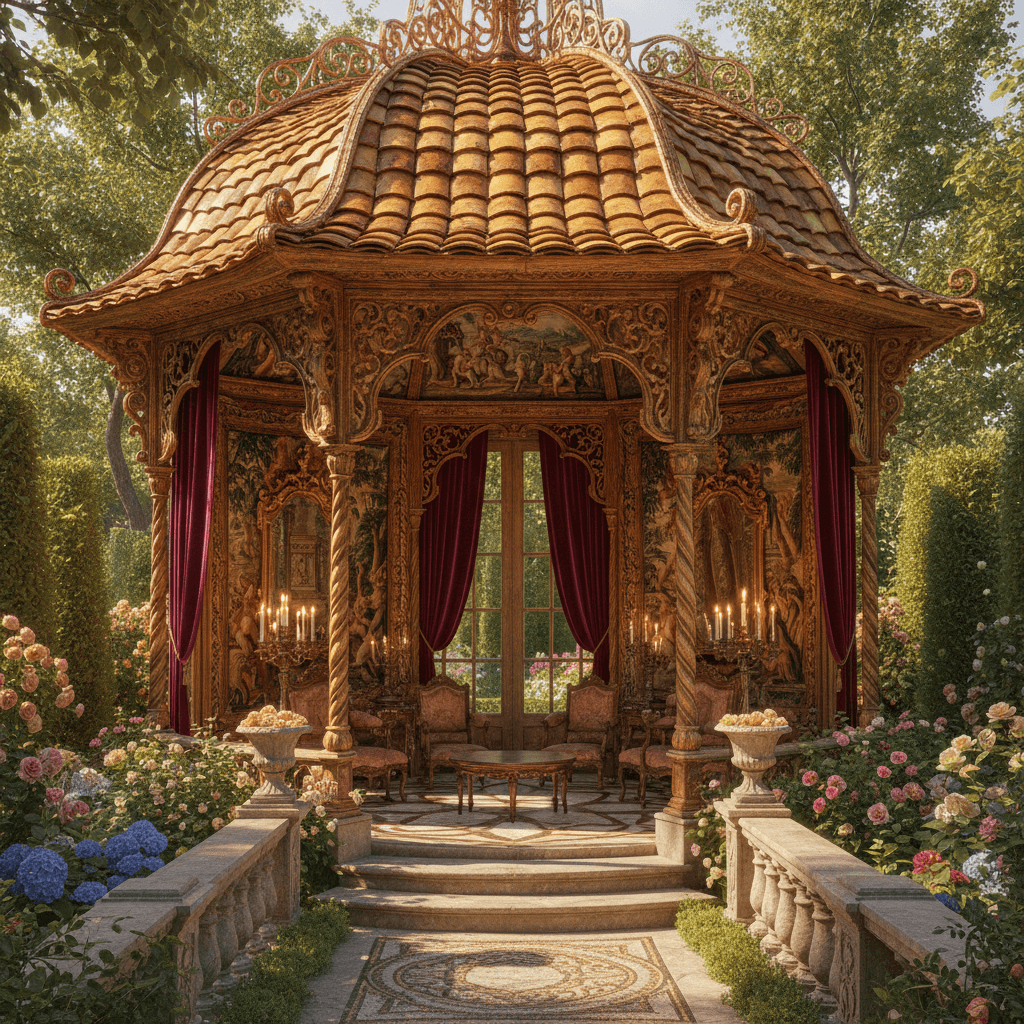 Imagine a whimsical Gazebo in Baroque style, set amidst a lush garden with ornate stone pathways. The structure's sturdy wooden frame is adorned with intricately carved copper filigree, while its curved roof is tiled in shades of burnt sienna and golden honey. Inside, plush crimson velvet drapes frame large, arched windows, filtering dappled sunlight onto intricately patterned marble floors. Richly patterned Italian Renaissance-style tapestries adorn the walls, complemented by ornate gilded mirrors and polished bronze candelabras, casting a warm, opulent glow over the space. - Baroque Gazebo designed with AI by Interiores AI