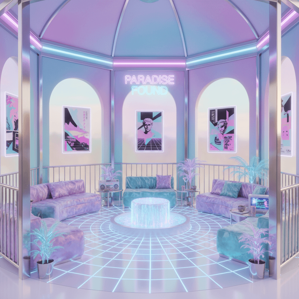 A beautiful Gazebo designed in Vaporwave style. Transform this interior into vaporwave style while keeping walls and layout. Use pastel neons, gradient lighting, chrome or glass accents, and nostalgic 80s-90s digital motifs. Add bold art, grid patterns, and relaxed seating for a surreal, pop vibe. The space features carefully selected furniture, harmonious colors, natural lighting, and thoughtfully placed decorative elements that create a welcoming and aesthetically pleasing atmosphere. - Vaporwave Gazebo designed with AI by Interiores AI