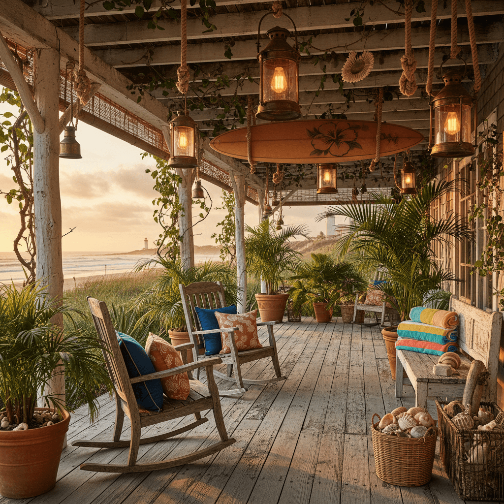 Generate an interior design image of a spacious, weathered wood porch with a laid-back Surf Shack vibe, set in a coastal coastal town. The porch features a reclaimed wooden floor, with weathered driftwood beams supporting a roof adorned with nautical ropes and lanterns. Comfortable, oversized pillows in ocean-blue and coral hues are arranged on worn, wooden rocking chairs, surrounded by potted palms and lush greenery. A distressed wooden bench runs along one side, adorned with colorful beach towels and woven baskets filled with seashells and driftwood. Soft, golden lighting casts a warm glow, while a vintage surfboard hangs from the porch's ceiling, adding to the relaxed, beachy atmosphere. - Surf Shack Porch designed with AI by Interiores AI