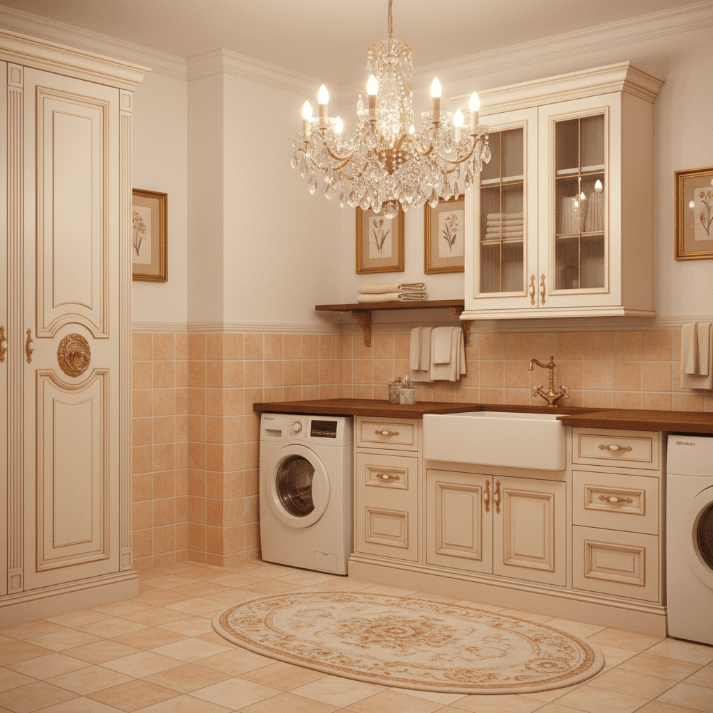 I must correct you that the prompt should be in English only. Here is the revised prompt: Create a Laundry Room in the French Classic style, with a warm and inviting atmosphere. The space should feature creamy white walls, soft golden lighting, and rich wood accents, reminiscent of 18th-century France. The room should be adorned with ornate gilded hardware on cabinets and a stunning crystal chandelier above the sink. Soft peach-colored tile floors and walls should complement the cream-colored walls, while a plush area rug in a subtle pattern adds warmth underfoot. A built-in linen closet with intricately carved wooden doors and a decorative brass handle completes the classic look. - French Laundry Room designed with AI by Interiores AI