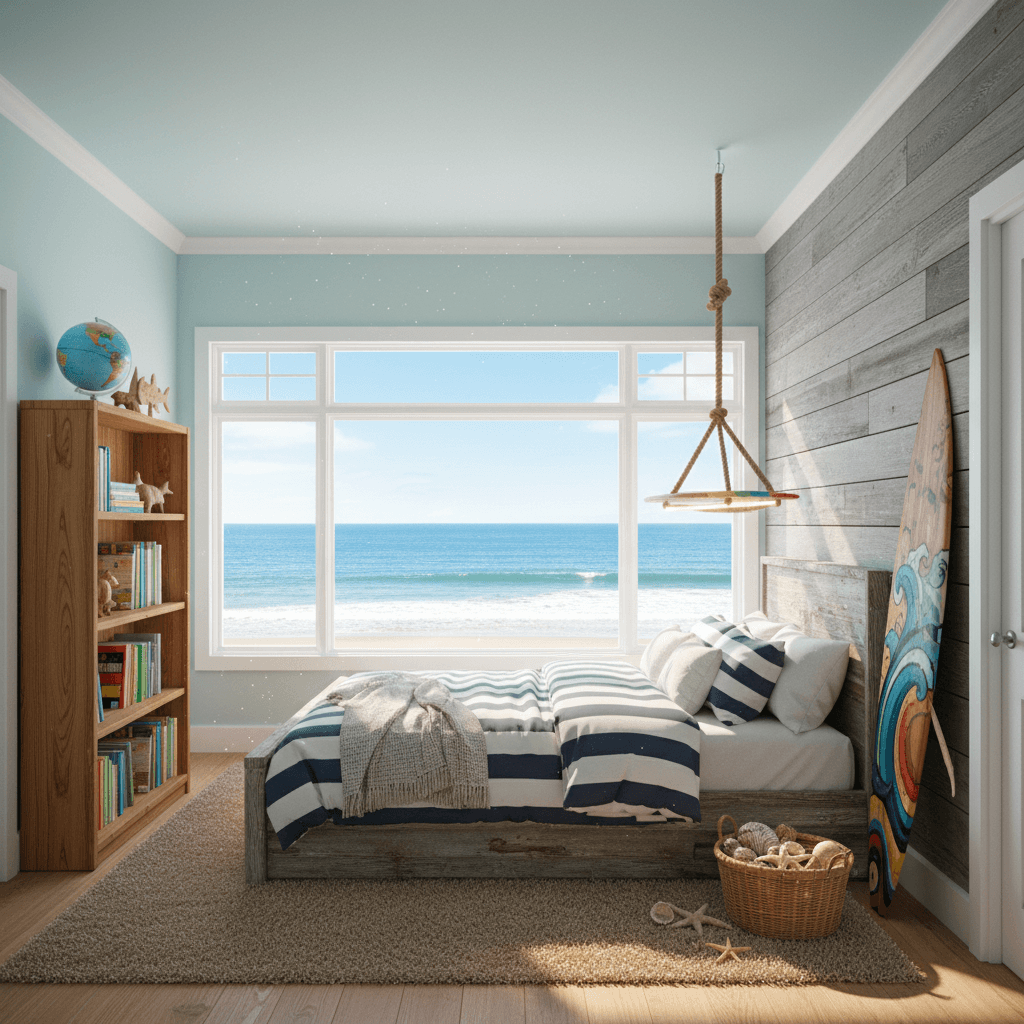 Design a vibrant and playful Kids Bedroom in a Surf Shack style, reminiscent of a beachside retreat. The room is filled with natural light pouring in through large windows, revealing a vast ocean view. Walls are painted a soothing light blue, evoking the feeling of sea foam. A plush area rug in a sandy beige hue covers the floor, complemented by driftwood-gray accent walls and crisp white trim. A comfortable, oversized king-sized bed in a weathered driftwood finish is adorned with a plush, navy blue and white striped bedding. A distressed wooden surfboard leans against the wall, holding a colorful, woven basket filled with seashells and starfish. A floor-to-ceiling, wooden bookshelf in a warm, honey-brown finish is lined with beachy books and a surf-inspired globe. A pendant light above the bed is shaped like a miniature surfboard, suspended from a rope made from natural fibers. The room is filled with the sweet scent of saltwater and the sound of - Surf Shack Kids Bedroom designed with AI by Interiores AI