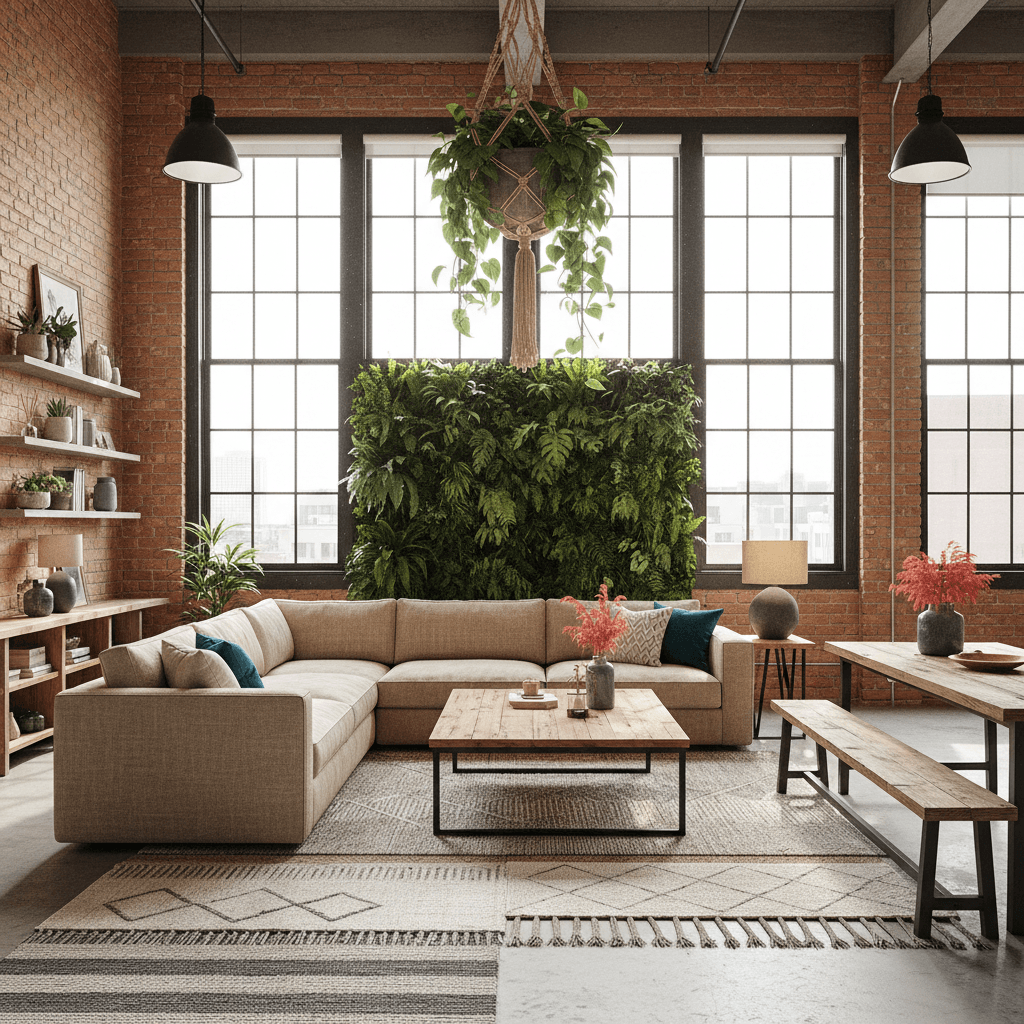 Design a corporate office in a Natural Boho Chic style, blending organic textures and earthy tones with industrial elements. The space features reclaimed wood accents, woven fiber rugs, and a statement living wall. Exposed brick walls are painted a warm, earthy terracotta, while floor-to-ceiling windows allow natural light to pour in. A comfortable, oversized sectional sofa in a natural linen fabric is arranged around a reclaimed wood coffee table, and a macramé plant hanger hangs above the seating area. The color palette is dominated by shades of sage green, sandy beige, and driftwood gray, punctuated by pops of turquoise and coral. Soft, warm lighting is provided by table lamps with natural linen shades, and the air is filled with the scent of essential oils and fresh greenery. - Natural Boho Chic Corporate Office designed with AI by Interiores AI