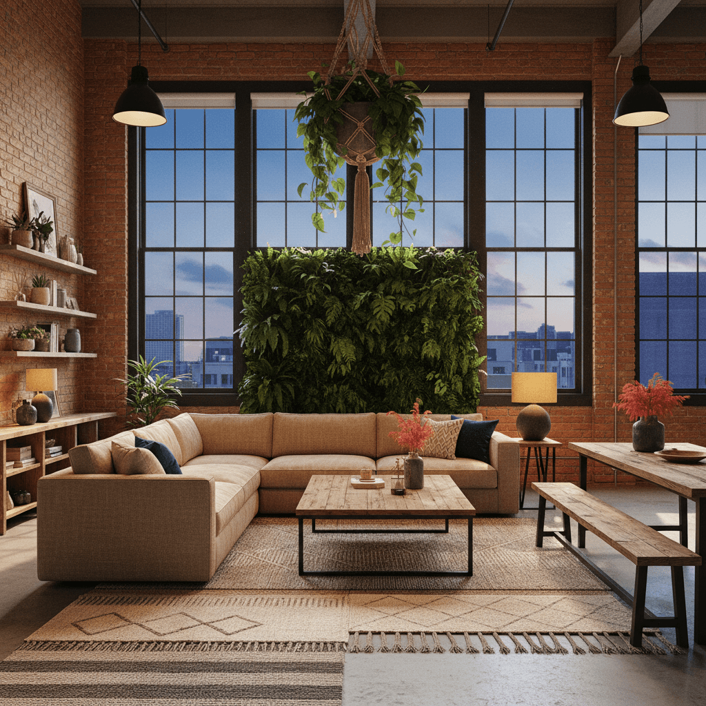 Design a corporate office in a Natural Boho Chic style, blending organic textures and earthy tones with industrial elements. The space features reclaimed wood accents, woven fiber rugs, and a statement living wall. Exposed brick walls are painted a warm, earthy terracotta, while floor-to-ceiling windows allow natural light to pour in. A comfortable, oversized sectional sofa in a natural linen fabric is arranged around a reclaimed wood coffee table, and a macramé plant hanger hangs above the seating area. The color palette is dominated by shades of sage green, sandy beige, and driftwood gray, punctuated by pops of turquoise and coral. Soft, warm lighting is provided by table lamps with natural linen shades, and the air is filled with the scent of essential oils and fresh greenery. - Natural Boho Chic Corporate Office designed with AI by Interiores AI