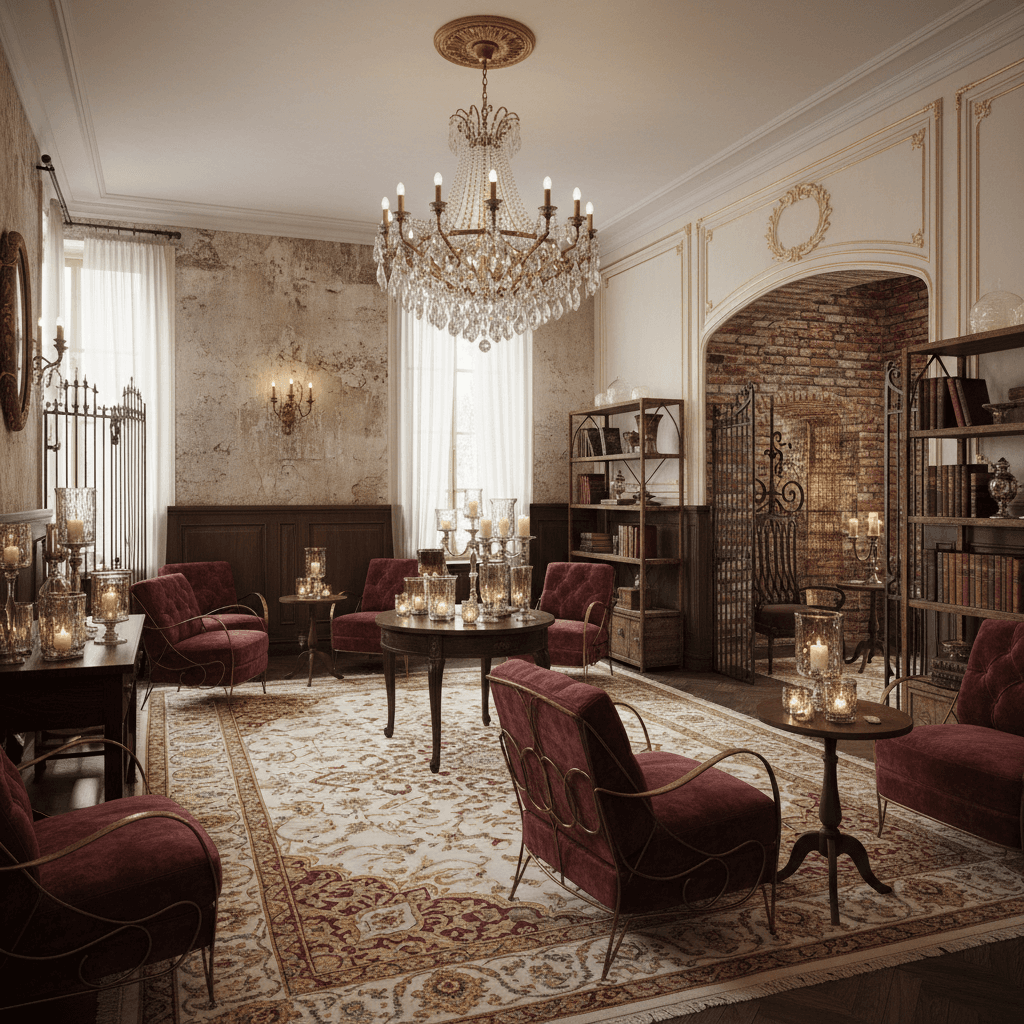 Generate a Reception Area in Parisian style, featuring distressed stone walls, soft cream-colored walls with gold accents, and dark wood paneling. Incorporate plush velvet armchairs in a rich burgundy hue, adorned with intricate metalwork and tufted upholstery. Accentuate the space with a show-stopping crystal chandelier, suspended from a polished bronze ceiling fixture. Soft candlelight emanates from mercury glass holders, illuminating the space with a warm, elegant glow. Exposed brick accents and rustic metalwork add an edgy contrast to the refined atmosphere, evoking the essence of a classic Parisian boudoir. - Parisian Reception designed with AI by Interiores AI