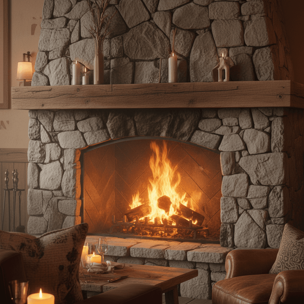 Design a warm and inviting restaurant with a cozy Airbnb-inspired aesthetic, reminiscent of a secluded mountain lodge. The space features rich wood accents, plush textiles, and warm lighting, evoking a sense of comfort and relaxation. Walls are adorned with earthy tones and natural patterns, while a stone fireplace crackles with warmth. A plush sectional sofa in a deep berry color beckons guests to linger, accompanied by a vintage armchair and a side table with a woven basket. The color palette is dominated by warm earthy tones, with accents of soft sage and creamy whites. The lighting is warm and intimate, with pendant lamps made from natural materials and candles flickering on the tables. The overall atmosphere is one of relaxation and warmth, perfect for a weekend getaway or a cozy dinner with friends. - Cozy Airbnb Restaurant designed with AI by Interiores AI