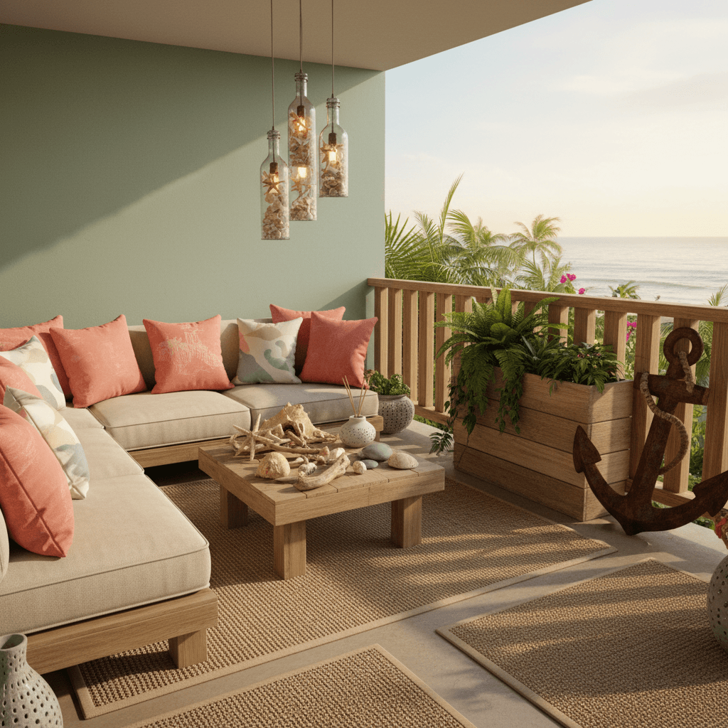 Design a cozy Surf Shack-inspired balcony with a laid-back, beachy vibe. The space features weathered driftwood and nautical elements, such as a reclaimed wood railing and a distressed anchor planter. Walls are painted a soft, seafoam green (such as Sherwin-Williams' "Sea Salt"), with natural textures like jute and sisal adding warmth underfoot. Comfortable, oversized pillows in a vibrant coral color (like Pantone's "Coral Reef") are scattered on a plush sectional sofa, placed on a reclaimed wood coffee table adorned with shells and driftwood. Warm, golden lighting pours in through pendant lamps made from glass bottles filled with seashells and starfish, illuminating a lush, greenery-filled planter that spills over the railing. The air is filled with the scent of saltwater and citrus. - Surf Shack Balcony designed with AI by Interiores AI
