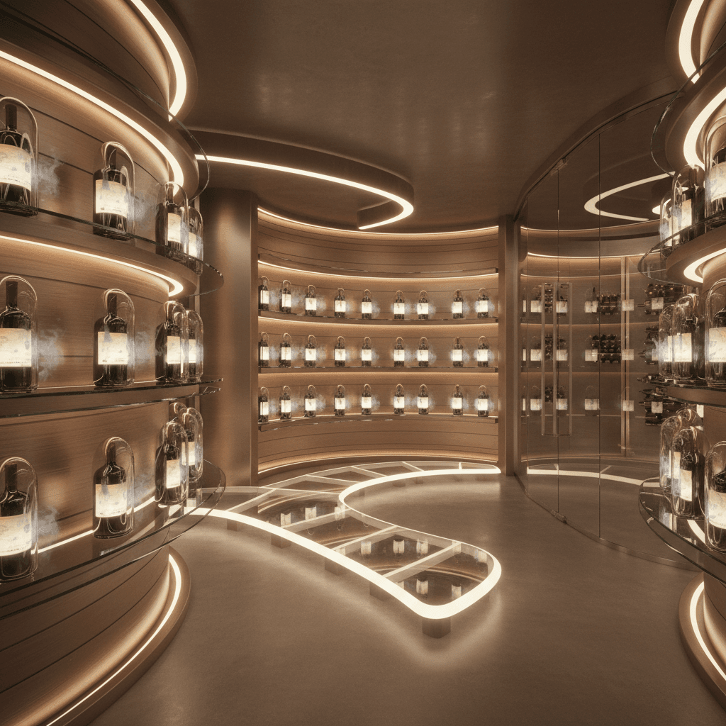 Design a sleek and modern wine cellar with a futuristic twist, where glass shelves and LED lighting create a mesmerizing display of wine bottles. The space is illuminated by a soft, pulsing glow emanating from the walls, casting a warm ambiance on the polished concrete floor. The walls are clad in a gleaming metallic finish, with a subtle gradient effect that shimmers like the surface of a wine barrel. A meandering glass walkway invites visitors to wander through the cellar, surrounded by floor-to-ceiling glass doors that offer a glimpse into the temperature-controlled climate. The wine collection is arranged on custom-designed shelves, with each bottle nestled in a bespoke, aerated capsule that showcases the wine's label and aroma. - Futuristic Wine Cellar designed with AI by Interiores AI