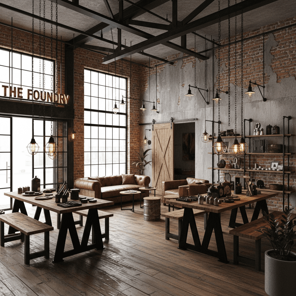 A beautiful Storefront designed in Industrial style. Transform this interior into raw industrial style while keeping the room structure intact. Highlight exposed brick or concrete, black metal, weathered wood, and utilitarian lighting. Use sturdy furniture, visible hardware, and a muted palette for a rugged warehouse look. The space features carefully selected furniture, harmonious colors, natural lighting, and thoughtfully placed decorative elements that create a welcoming and aesthetically pleasing atmosphere. - Industrial Storefront designed with AI by Interiores AI