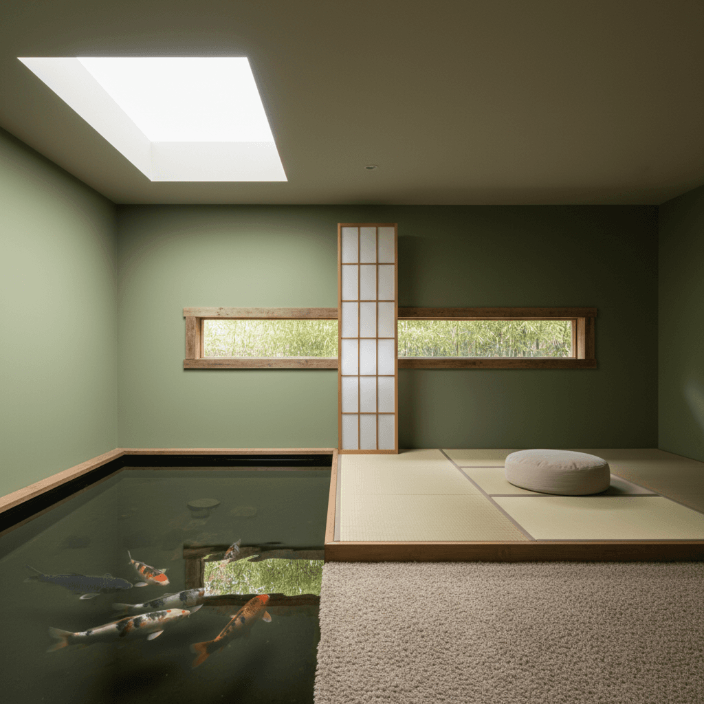 Design a serene Zen meditation room with a minimalist aesthetic, featuring a large, tranquil pond with a koi fish swimming near the water's edge. Soft, natural light pours in through a skylight, illuminating a tatami mat seating area with a low, cushioned zafu for meditation. Walls are painted a soothing shade of moss green, with a single, narrow window framed in reclaimed wood. The floor is covered in a soft, plush area rug in a neutral beige hue. A single, slim wooden shoji screen filters the natural light, creating a peaceful, enclosed space that promotes mental clarity and inner calm. - Zen Meditation Room designed with AI by Interiores AI