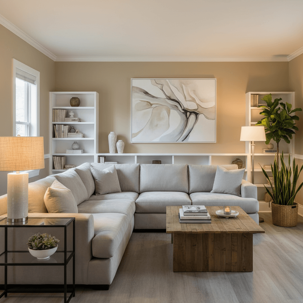 Create a serene Simple Living Room with a neutral color palette featuring warm beige walls ( Benjamin Moore's Sandy Dunes), creamy white trim, and soft gray floors (Laminate in a Light Gray tone). The space is illuminated by table lamps with linen shades and floor lamps with frosted glass shades. A plush sectional sofa in a light gray fabric (Upholstery in a Faux Suede finish) is arranged around a low-profile coffee table made of reclaimed wood. The room's focal point is a statement piece - a large abstract art print on a white canvas, hung above a built-in bookshelf in a simple white finish. Add a few potted plants and a console table with a simple metal base and a glass top to complete the understated elegance of this Simple Living Room. - Simple Living Room designed with AI by Interiores AI