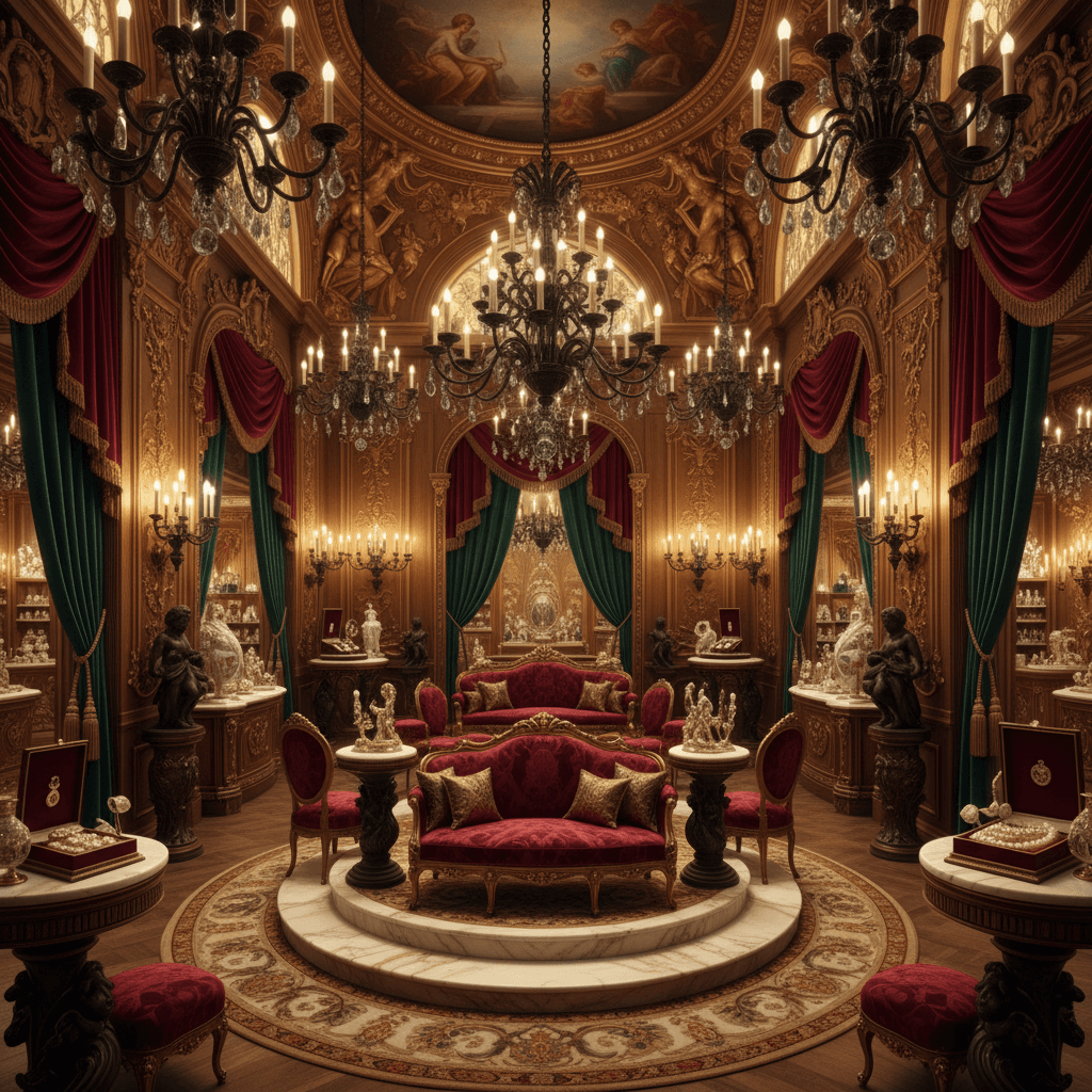 Design a grand Baroque-style retail store with rich, ornate details, set against a warm, golden backdrop. The space features intricately carved wooden paneling, gilded moldings, and lavish velvet drapes in deep crimson and emerald green hues. Soft, candlelit lighting highlights the ornate chandeliers and sconces, casting a sense of opulence and refinement. Riser displays made of polished marble and bronze pedestals showcase luxury goods, while plush, crimson-upholstered sofas and chairs invite customers to linger and indulge. The atmosphere is one of sumptuous excess, evoking the grandeur of 17th-century European palaces. - Baroque Retail Store designed with AI by Interiores AI