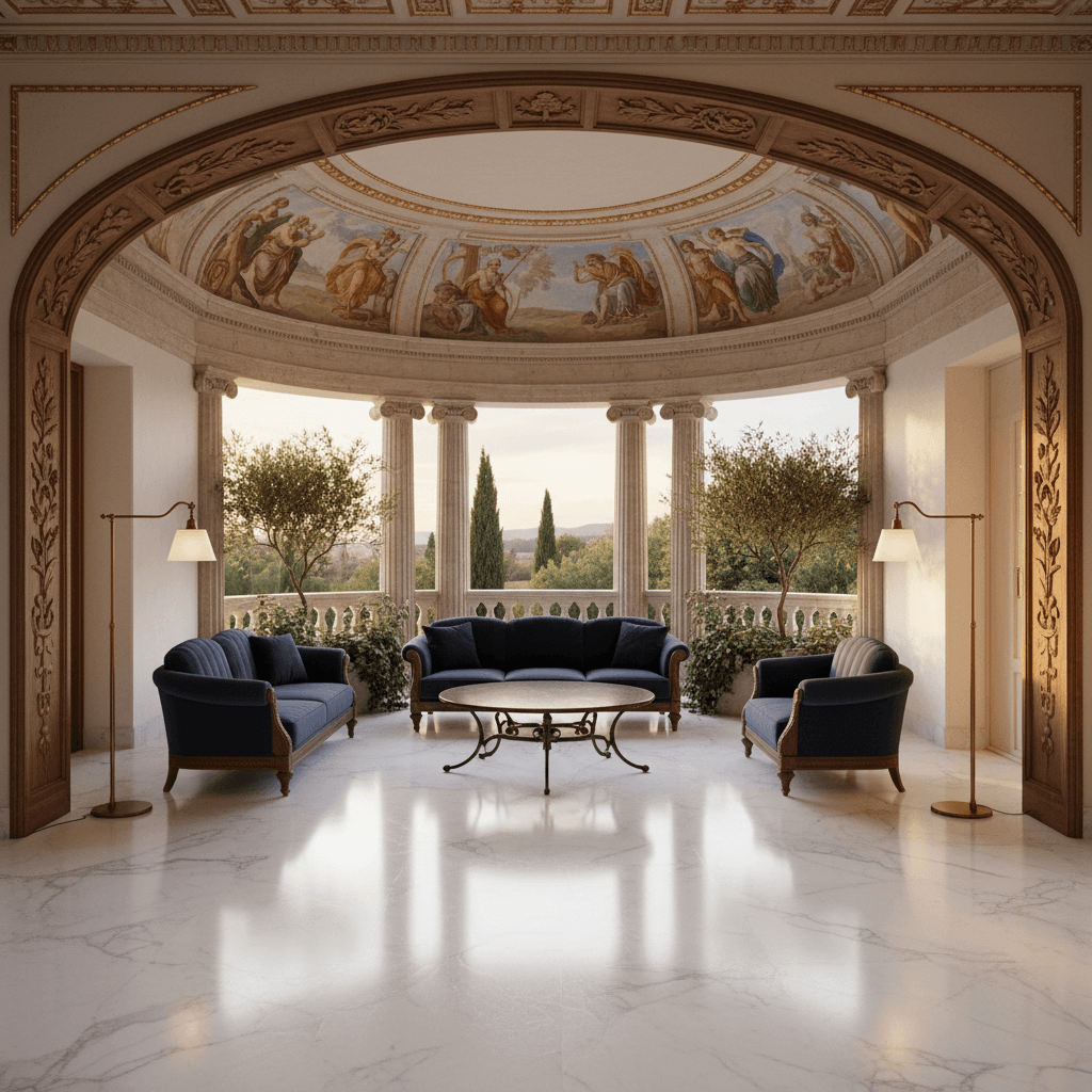 Design a Neoclassical-style balcony with a sleek, white marble floor, adorned with a series of curved, ornate railings in rich, dark wood. Above the railings, a majestic balustrade featuring Doric columns rises, supporting a subtle, hand-painted mural depicting ancient Greek mythology. The walls are painted a soft, creamy white, while the ceiling is adorned with a delicate, gold leaf molding. A plush, navy blue sectional sofa and a pair of matching armchairs sit atop a wrought-iron, espresso-colored coffee table, surrounded by floor lamps with soft, warm brass shades. The atmosphere is tranquil, with lush greenery spilling over the railing, and a warm, golden light pours in from the setting sun. - Neoclassical Balcony designed with AI by Interiores AI