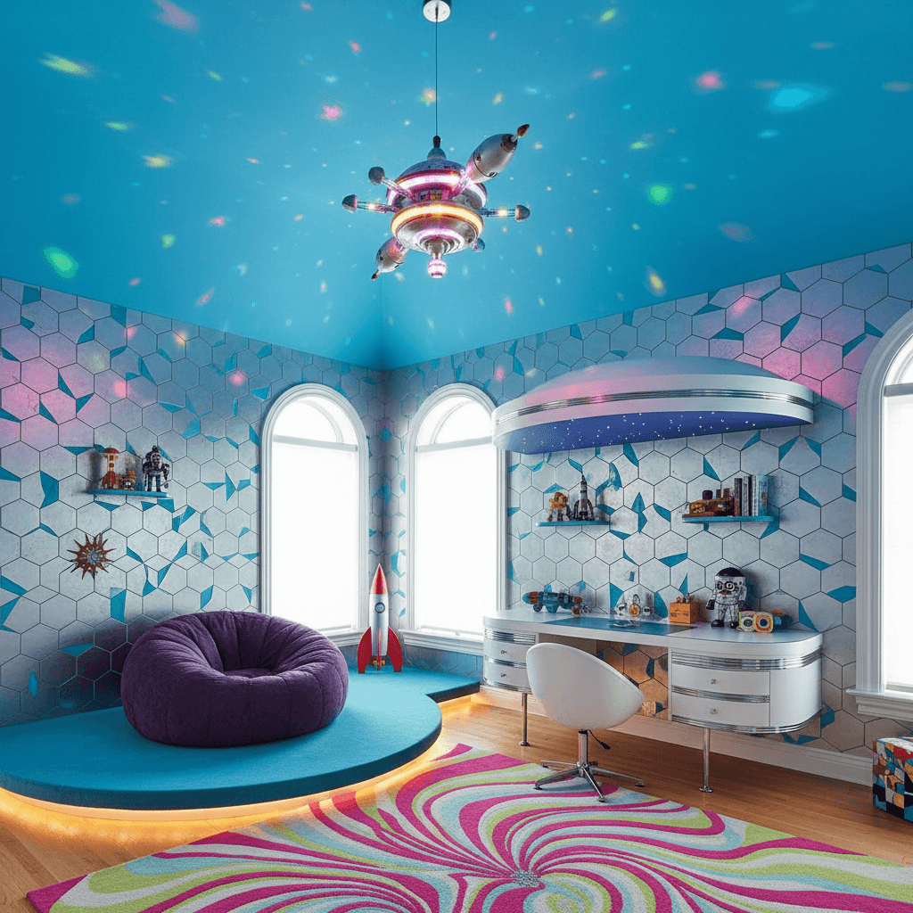 Design a vibrant and nostalgic Kids Bedroom in Retro Futuristic style, evoking the excitement of a bygone era. The room is a bright and airy space with a vaulted ceiling, painted a radiant shade of sky blue. Walls adorned with a geometric pattern of silver and turquoise tiles, reminiscent of 1950s space age decor. A plush, oversized bean bag chair in a deep purple hue sits atop a raised platform, surrounded by a halo of warm, golden lighting. A retro-style, circular desk with a futuristic, fiber-optic "stars" ceiling above, serves as a study nook. A colorful, swirling rug in shades of pink, green, and blue adds a playful touch. The room's pièce de résistance is a show-stopping, LED-lit, mobile "space station" suspended from the ceiling, casting a kaleidoscope of colors across the room. - Retro Futuristic Kids Bedroom designed with AI by Interiores AI